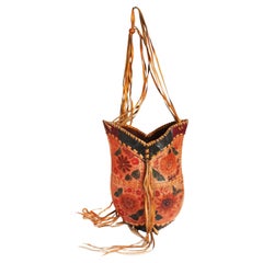 Char Leather Bag Whipstitch Fringe Hippie Shoulder Bag Hand Painted Florals 70s 