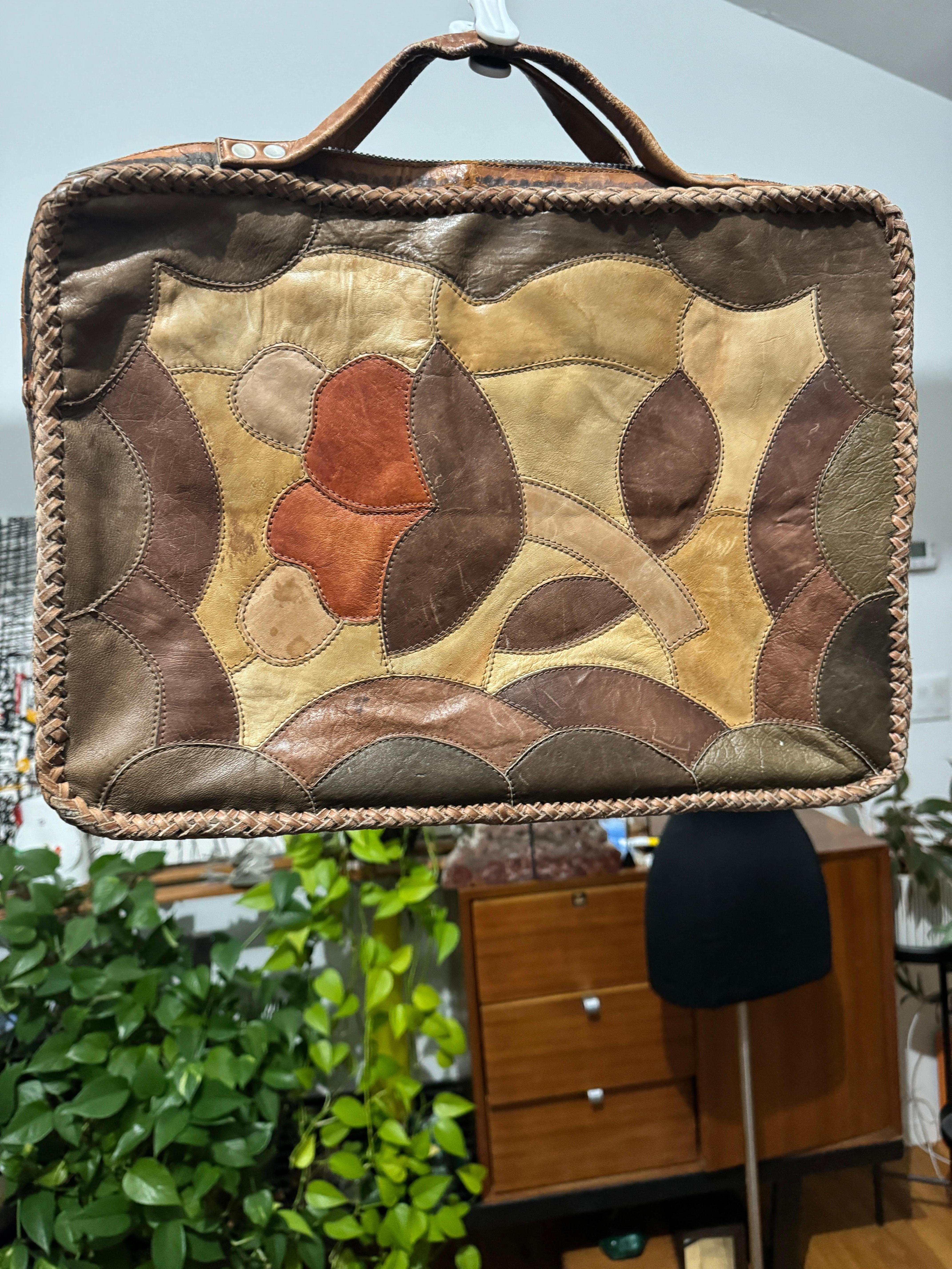 Char Leather Briefcase Laptop Bag Floral distressed Vintage Mexico 1960s For Sale 2