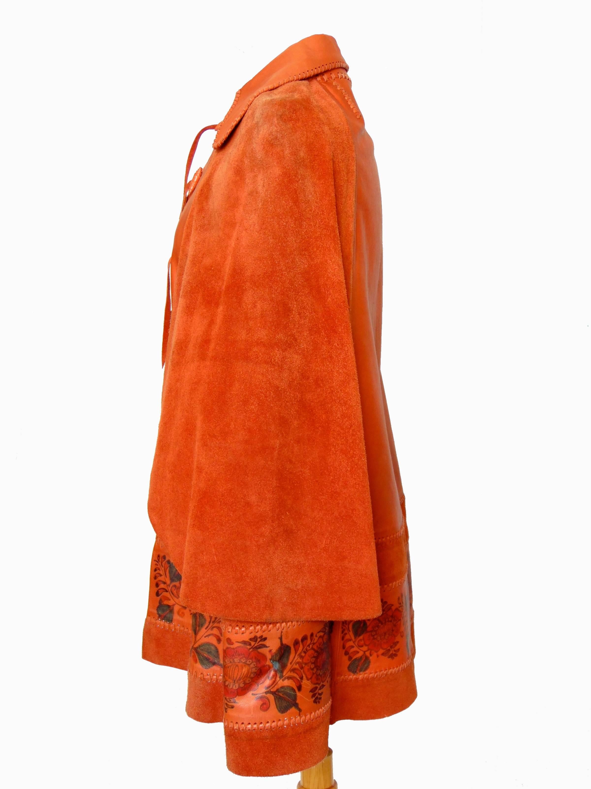 Women's Char Leather Handpainted Cape with Suede Caplets Mexico Vintage 1970s