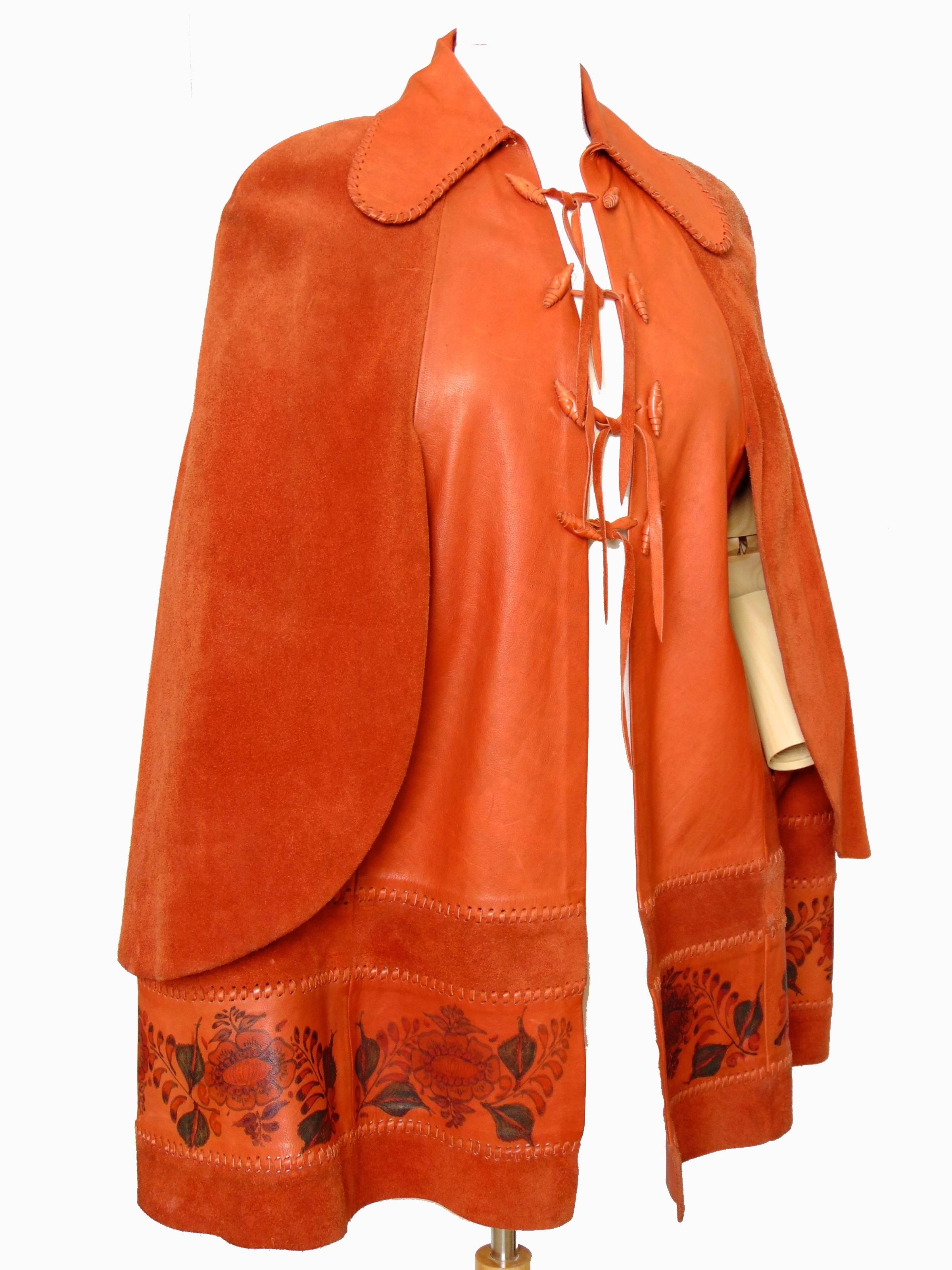 Char Leather Handpainted Cape with Suede Caplets Mexico Vintage 1970s 1