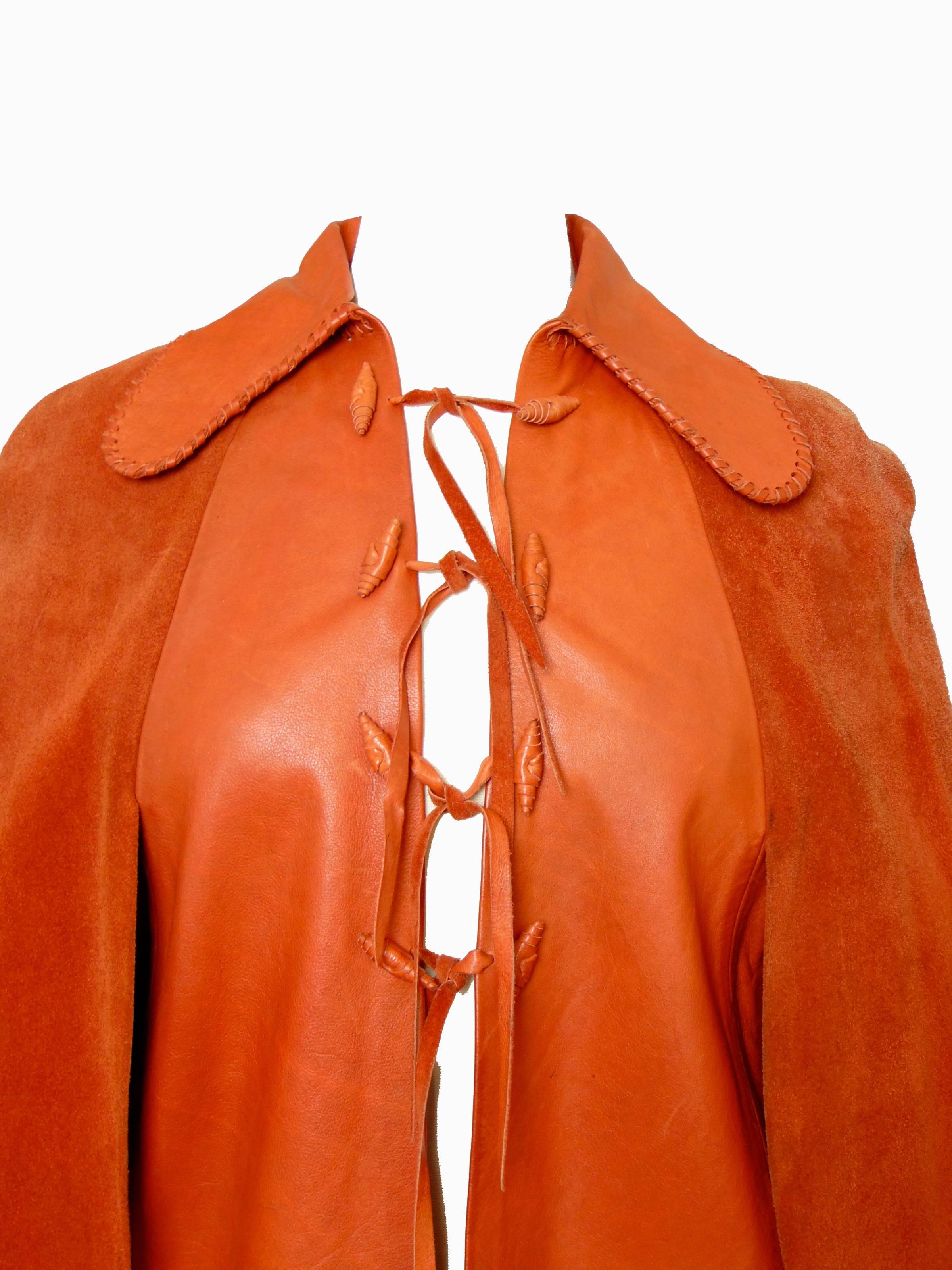 Char Leather Handpainted Cape with Suede Caplets Mexico Vintage 1970s  3