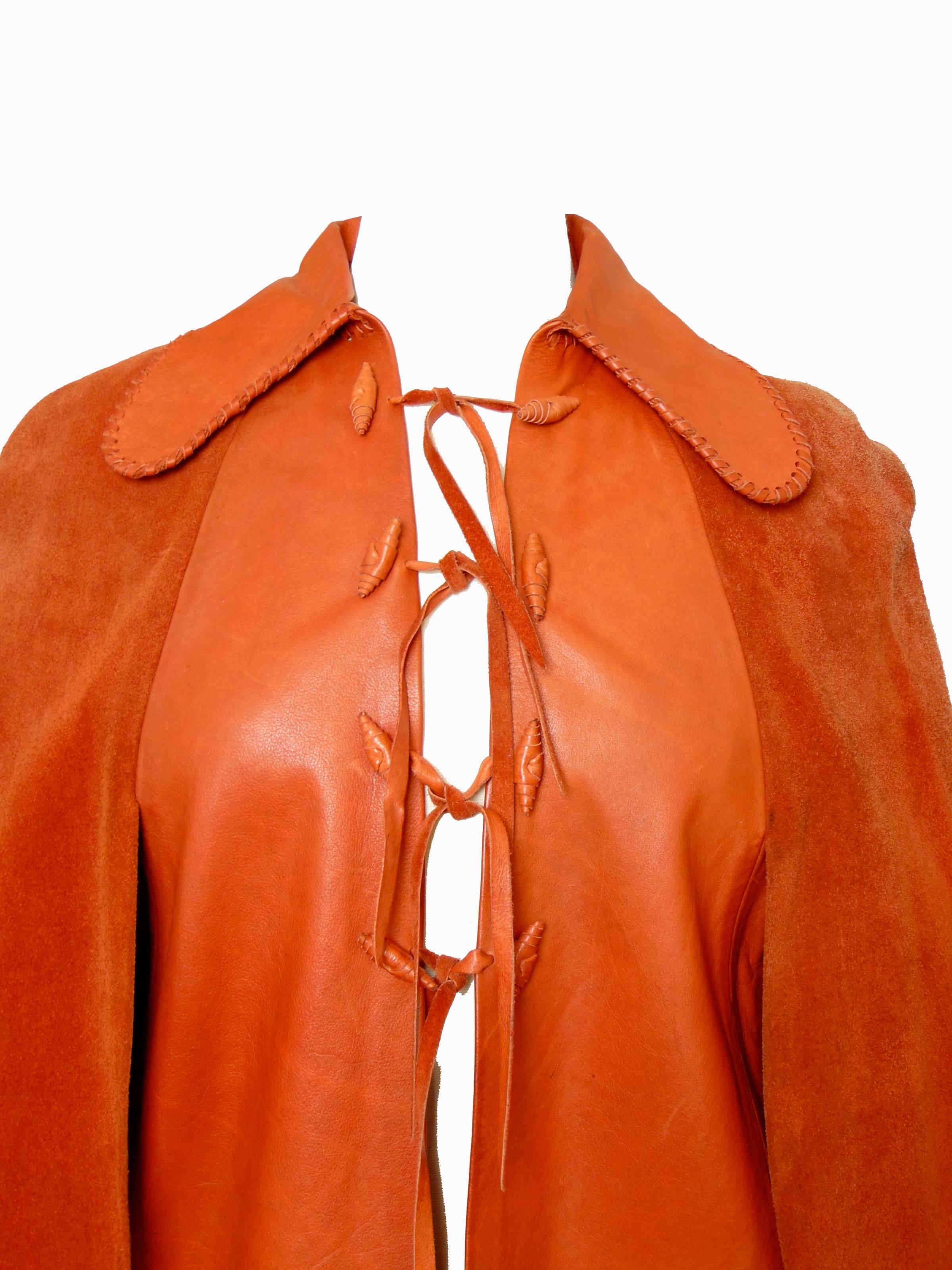 Char Leather Handpainted Cape with Suede Caplets Mexico Vintage 1970s 3