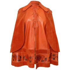 Char Leather Handpainted Cape with Suede Caplets Mexico Vintage 1970s