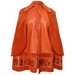 Char Leather Handpainted Cape with Suede Caplets Mexico Vintage 1970s 