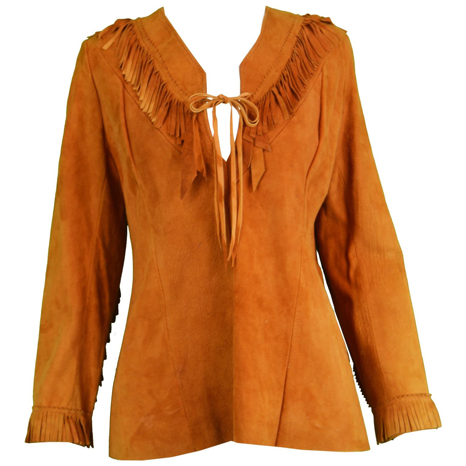 Char Santa Fe Vintage Women's Hippie Brown Suede Fringe Shirt, 1980s  For Sale