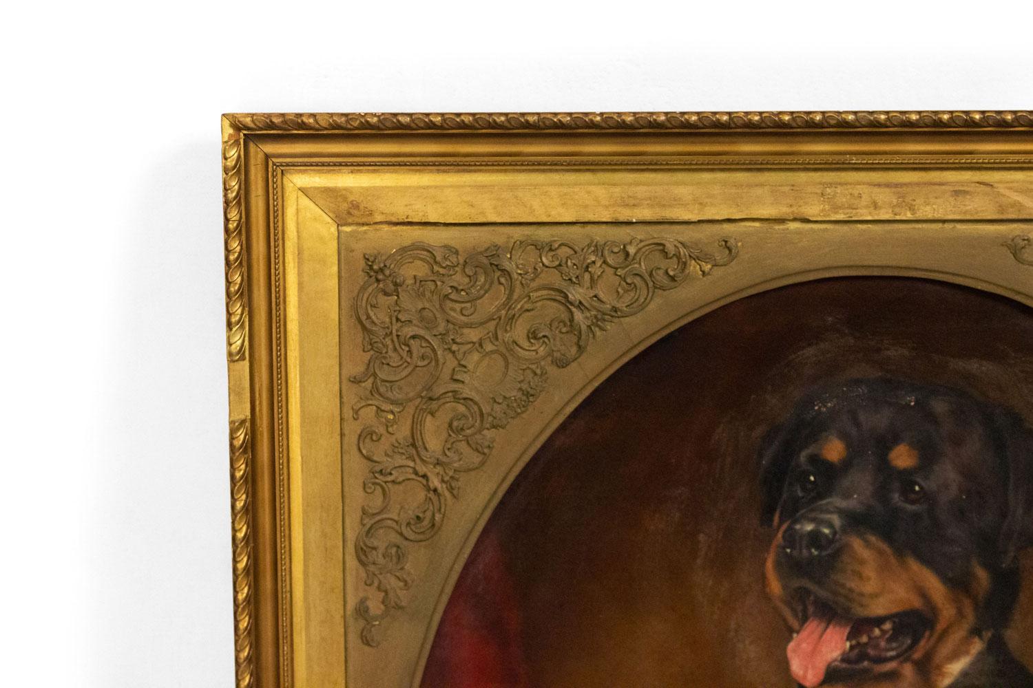 Französisches Ölgemälde im viktorianischen Stil mit vergoldetem Rahmen, das einen Hund mit Krawatte, Jacke und brauner Weste zeigt.(att: THIERRY PONCELET)