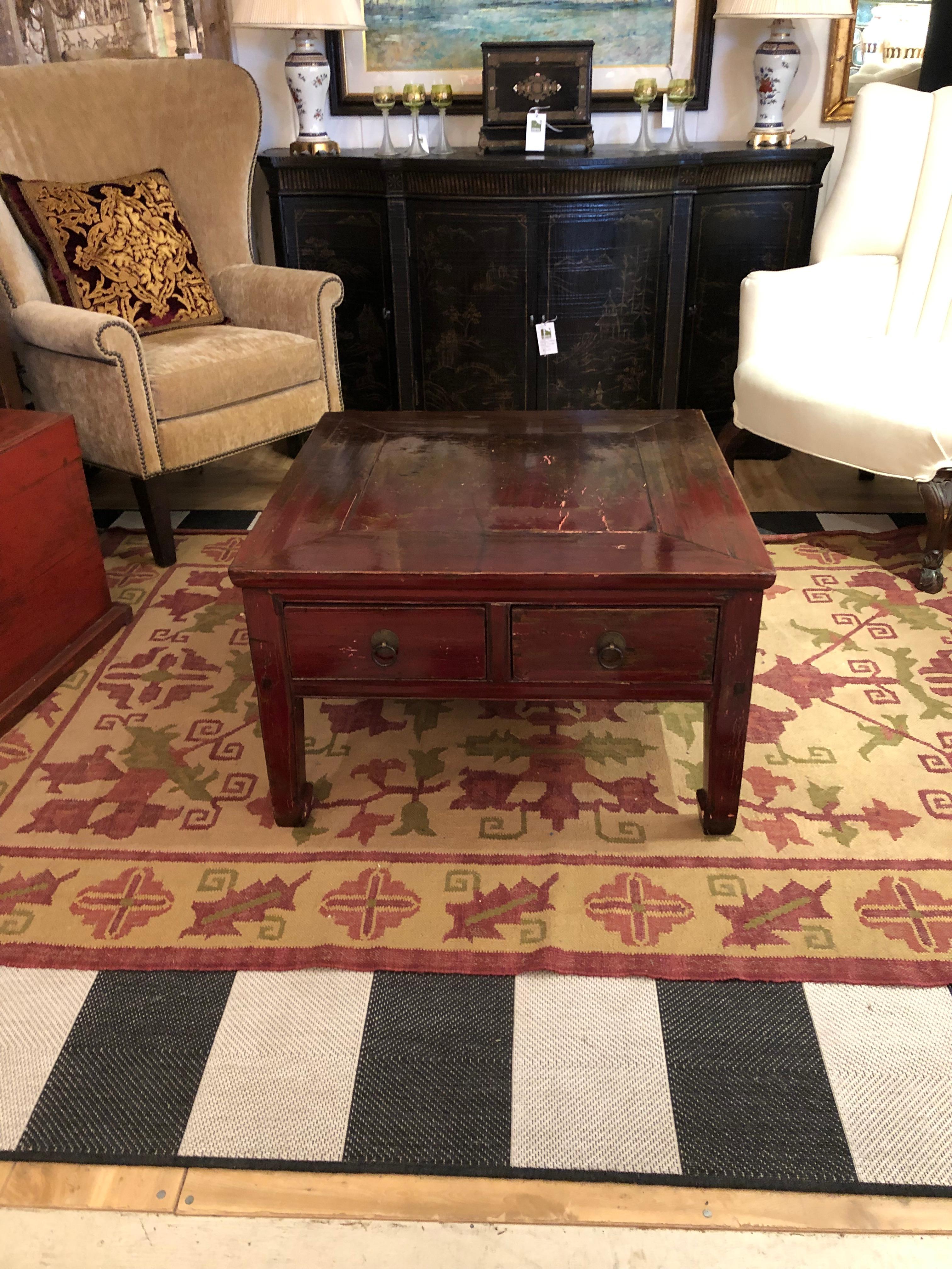 Chinese Character Rich Deep Red Distressed Square Wooden Asian Coffee Table