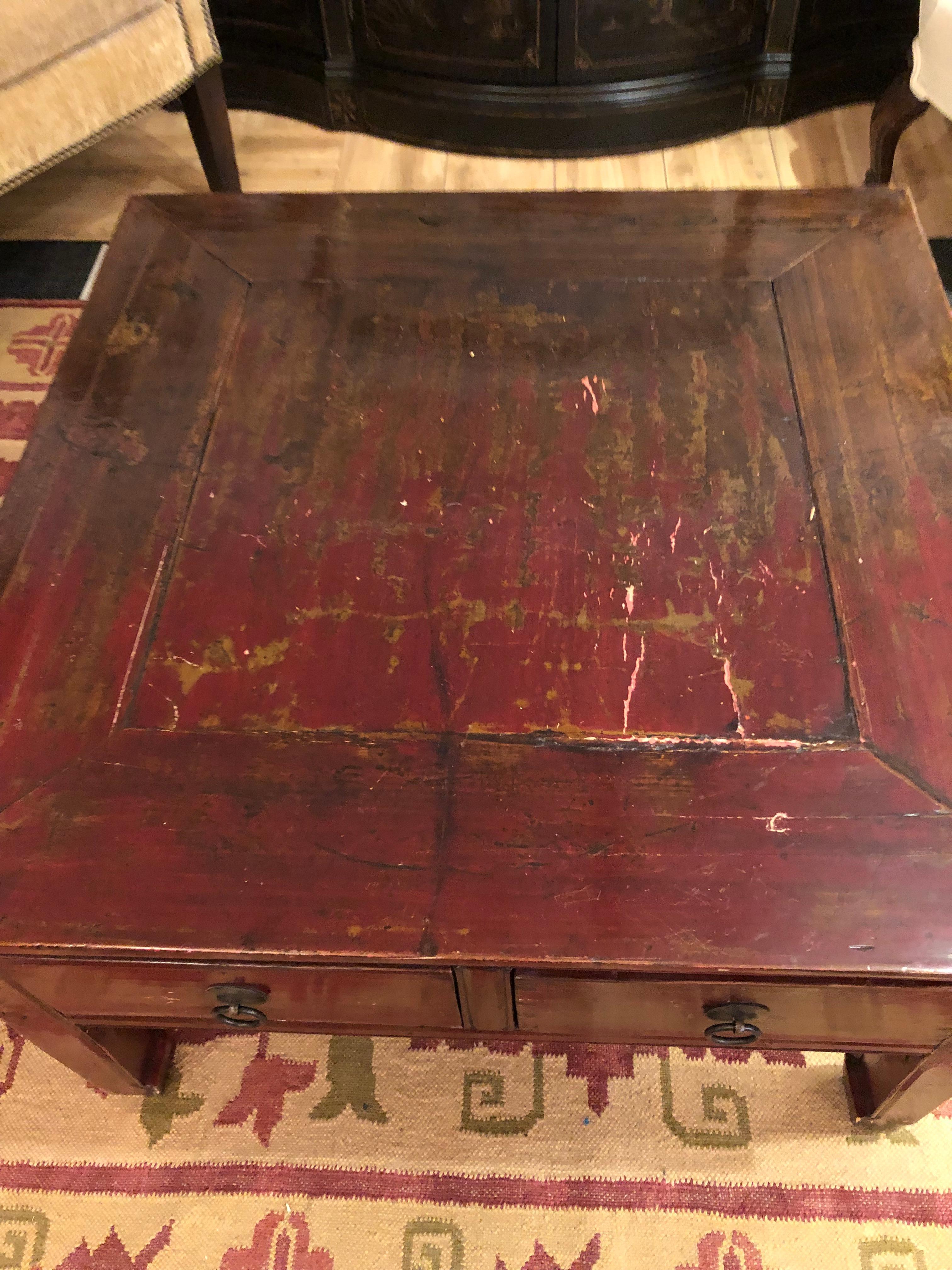 Character Rich Deep Red Distressed Square Wooden Asian Coffee Table In Distressed Condition In Hopewell, NJ