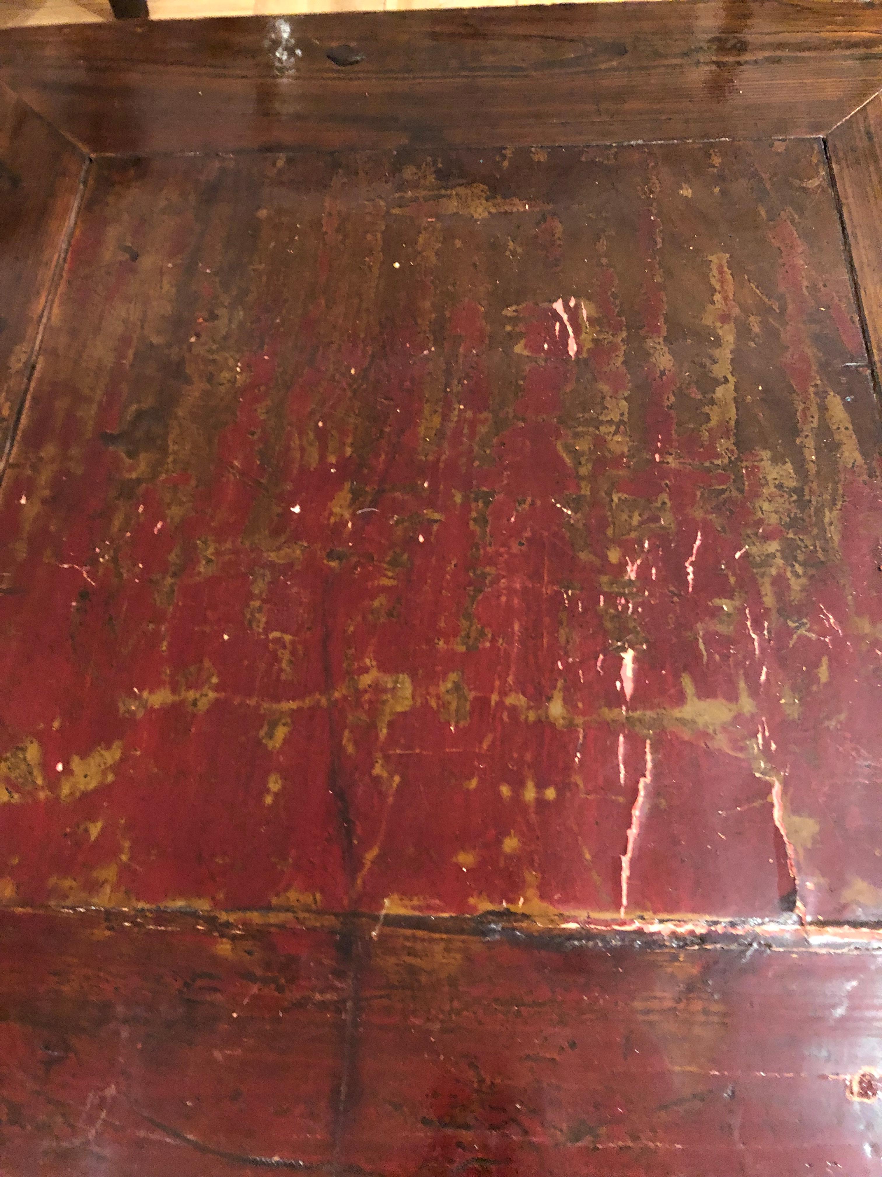 Mid-20th Century Character Rich Deep Red Distressed Square Wooden Asian Coffee Table