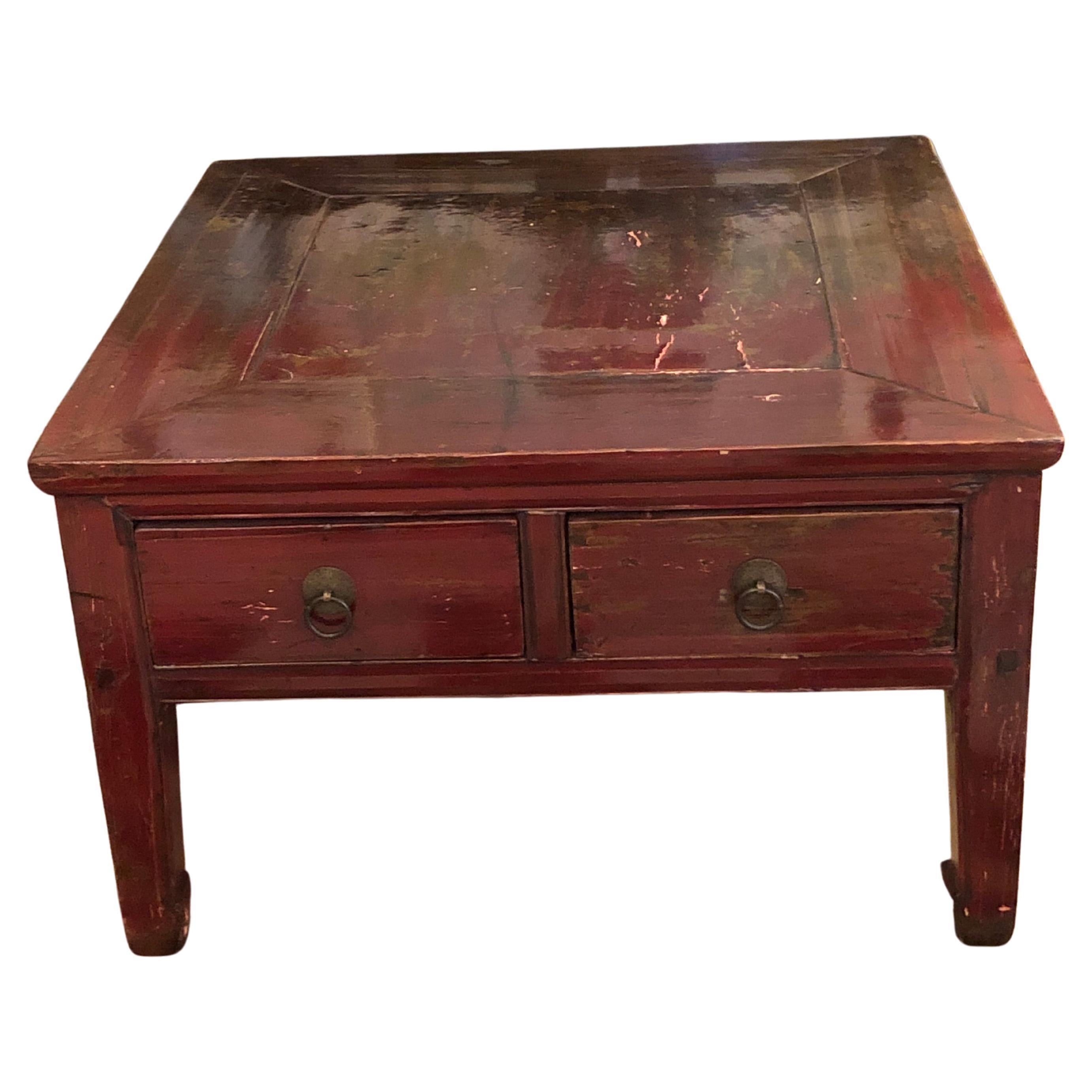 Character Rich Deep Red Distressed Square Wooden Asian Coffee Table