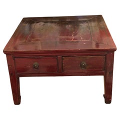 Character Rich Deep Red Distressed Square Wooden Asian Coffee Table