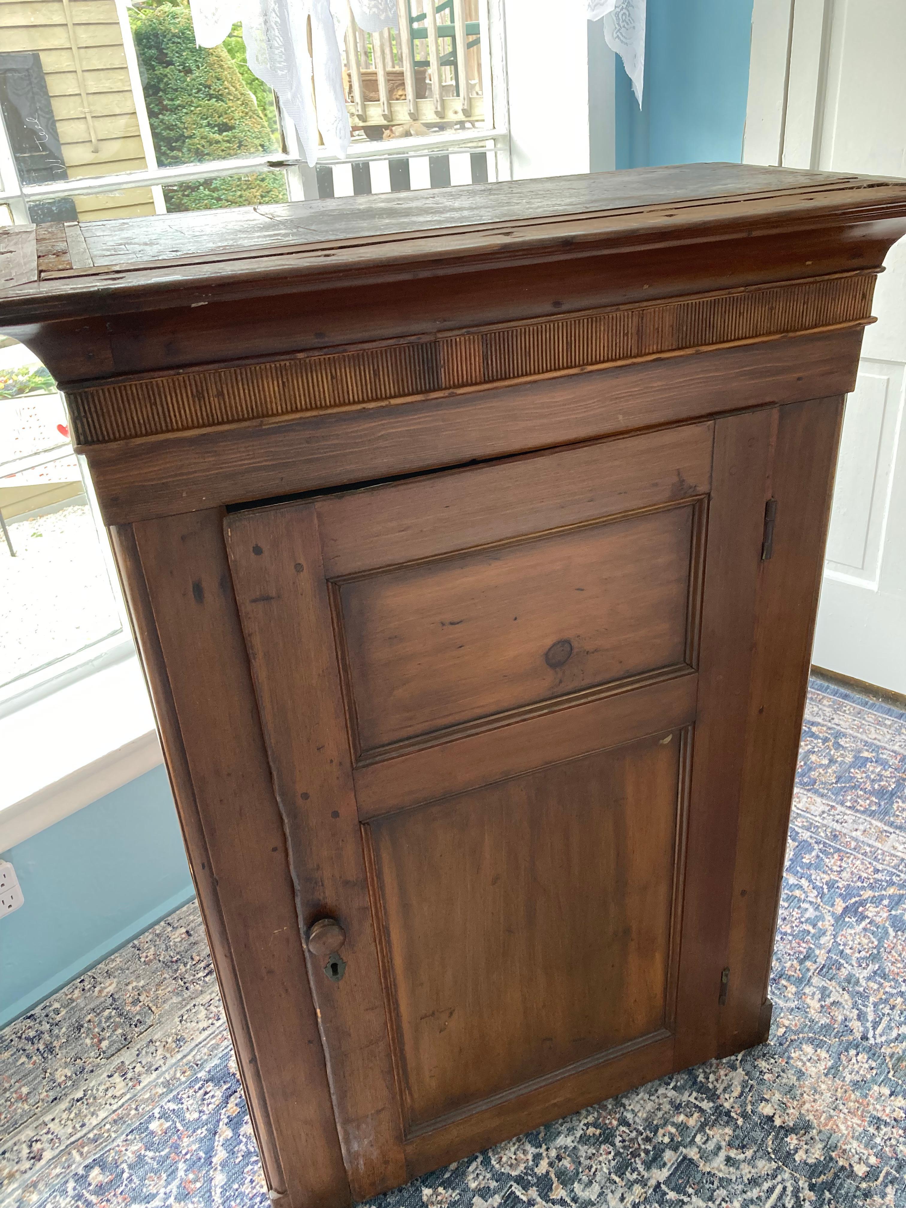 18th Century and Earlier Character Rich Early American Carved Pine Cupboard For Sale