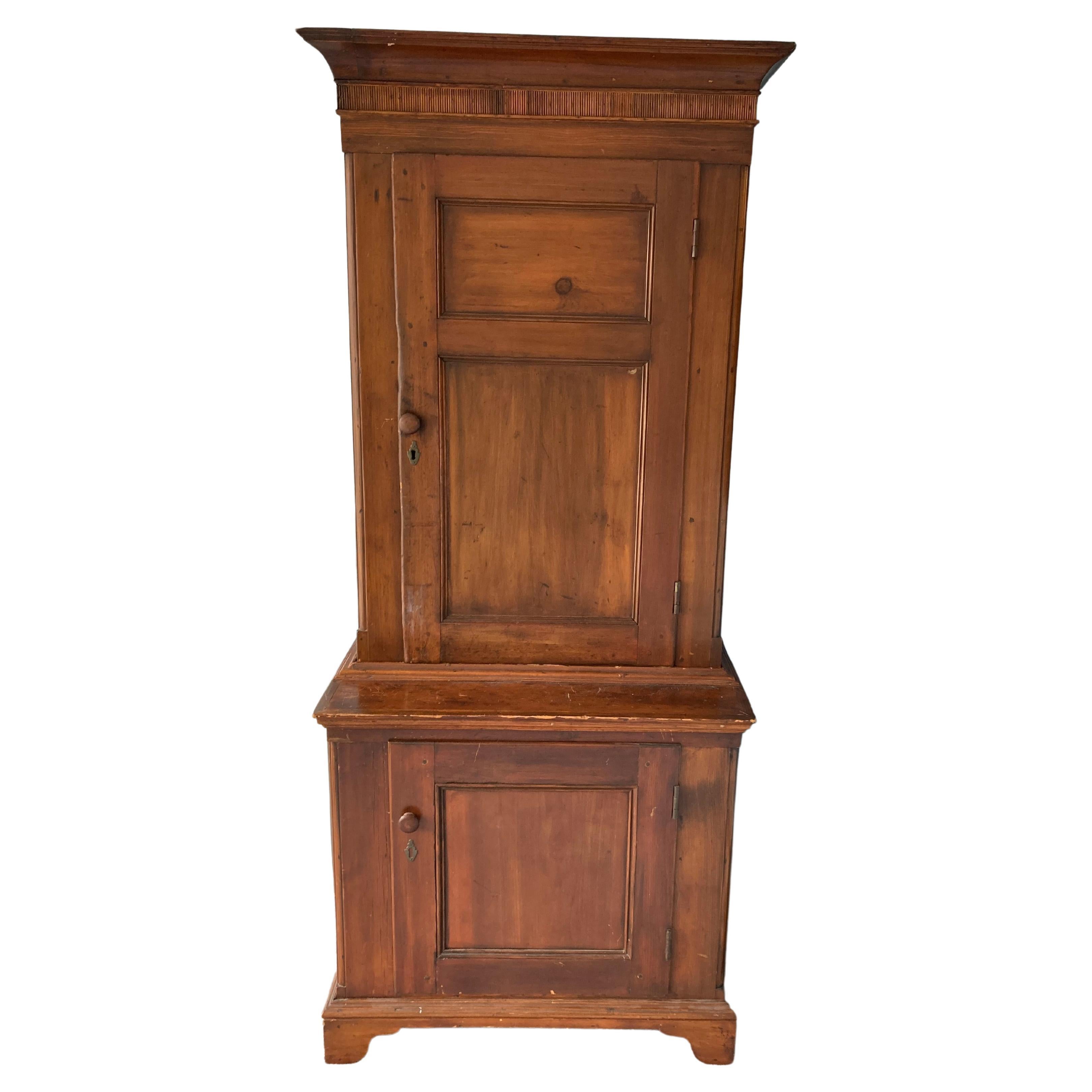 Character Rich Early American Carved Pine Cupboard For Sale
