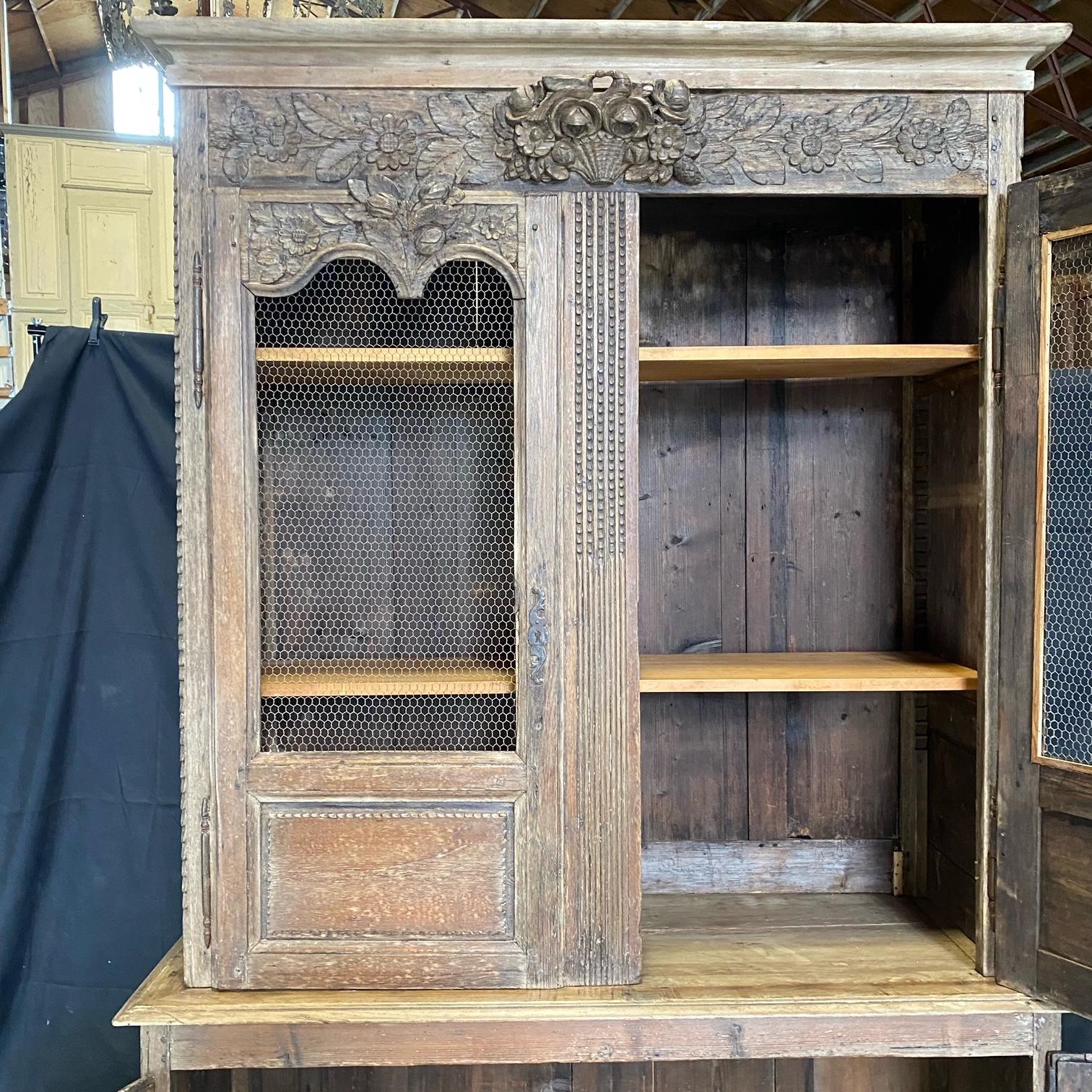Rustic Character Rich French 19th Century Tall Carved Wood Cabinet Bookcase