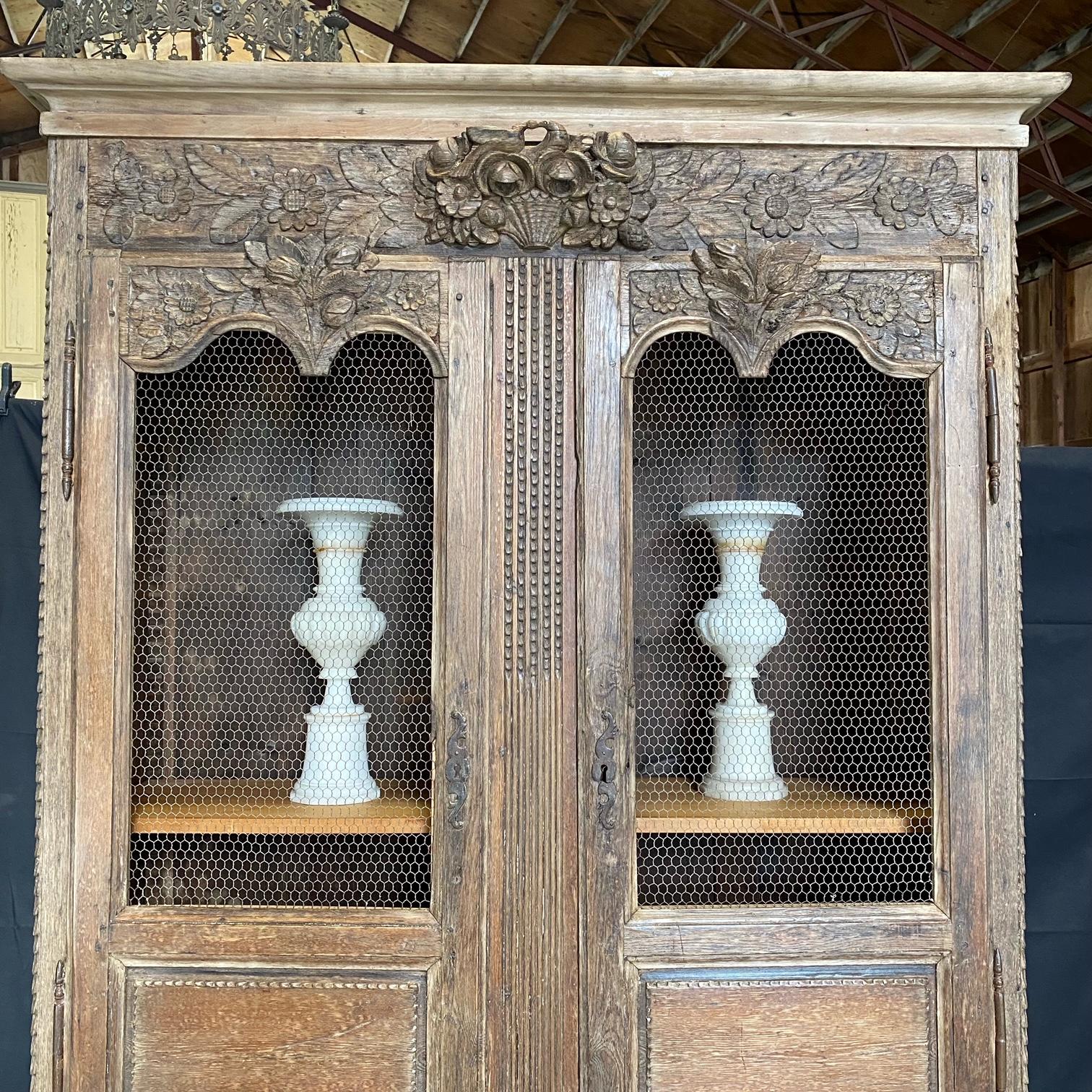 Bleached Character Rich French 19th Century Tall Carved Wood Cabinet Bookcase
