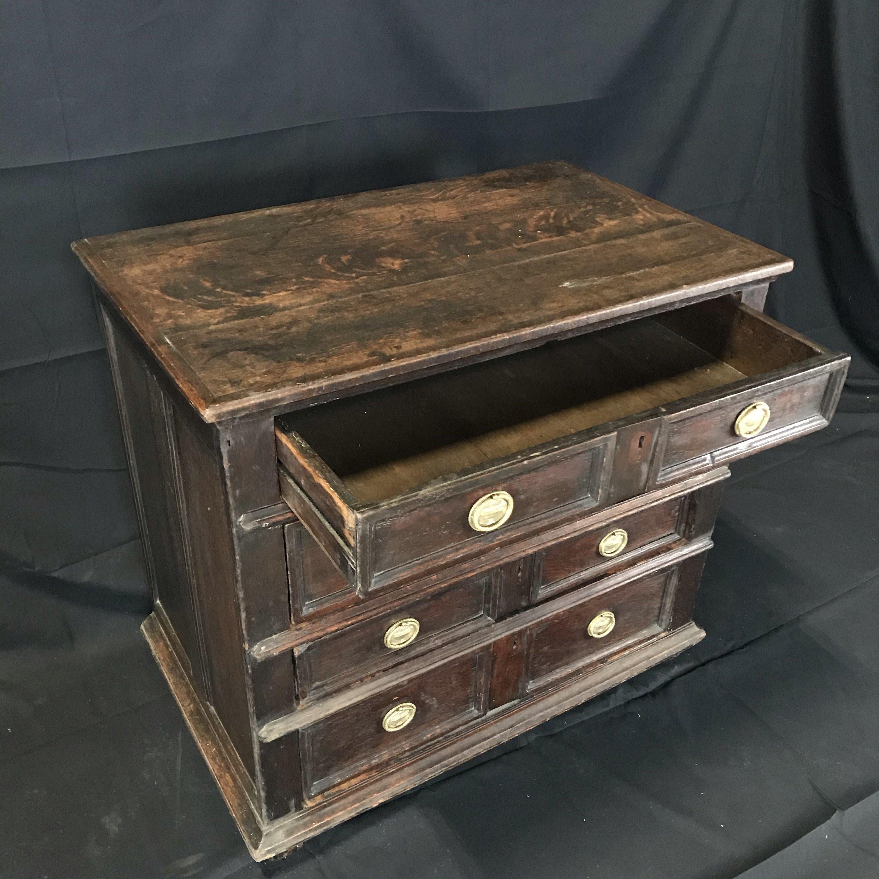A wonderful very old English mid-17th century chest of drawers with geometrically shaped fronts to the drawers and wonderful two panel sections to the ends and back. Later pulls. On original square feet.
#4746.




   