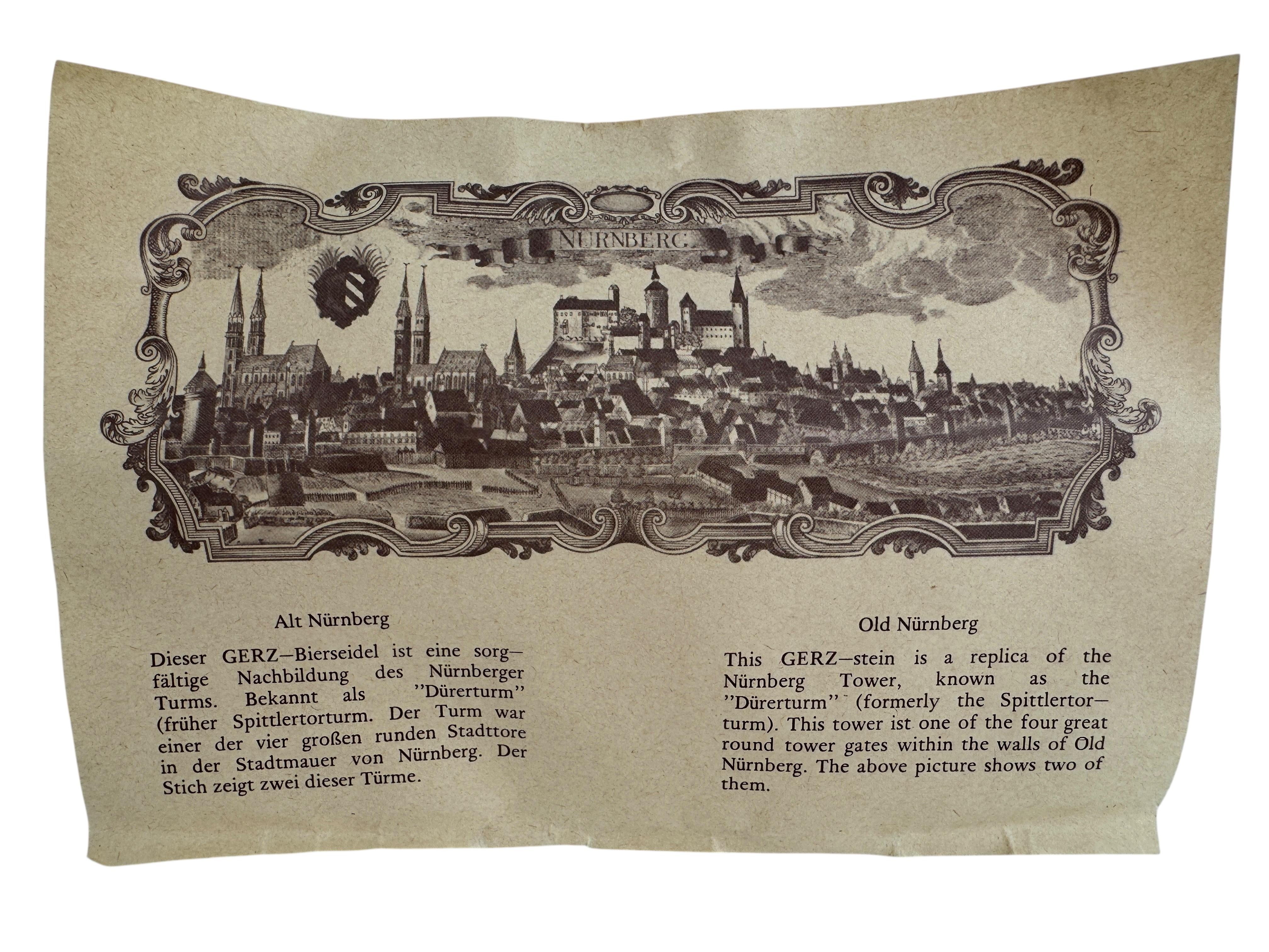 Céramique Stein de caractère de la tour de Nuremberg, City Wall Tower Stein de bière à couvercle, années 1960 en vente