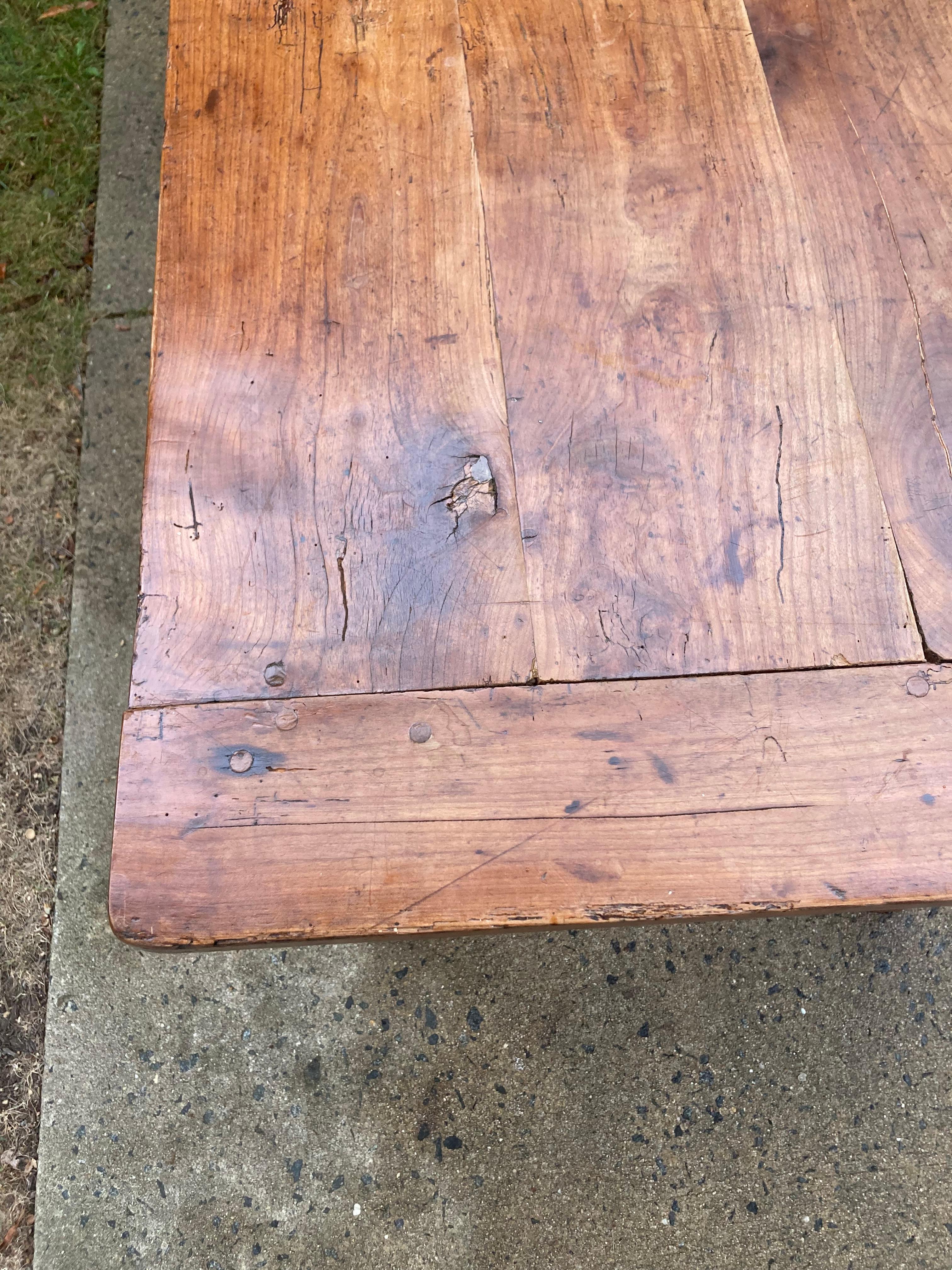 19th Century Characterful Antique French Oak Farm Table with Breadboards For Sale