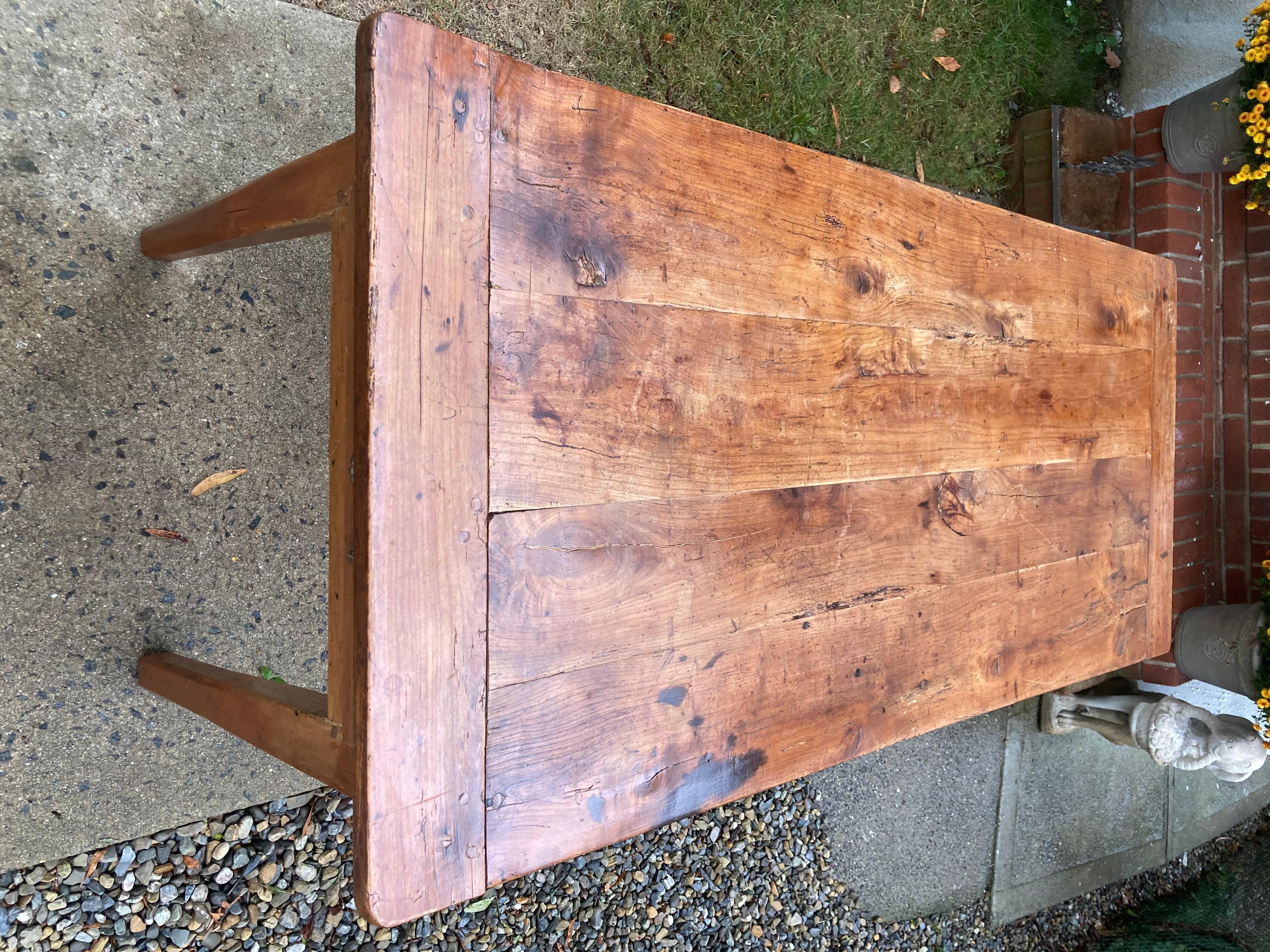 Characterful Antique French Oak Farm Table with Breadboards For Sale 1