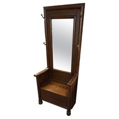 Characterful Antique Tiger Oak Hall Tree with Bevelled Mirror & Duck Coat Hooks