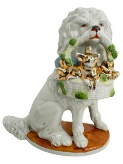 Characterful Pair of Antique German Porcelain Poodle Mantel Shelf Dogs, 1910s