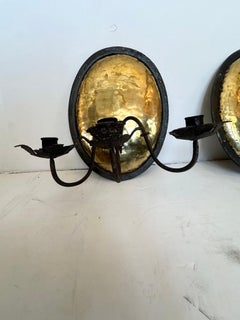 Characterful Pair of Antique Hammered Brass & Iron Candle Sconces