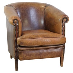 Characterful sheepskin leather club armchair with a luxurious, rustic appearance