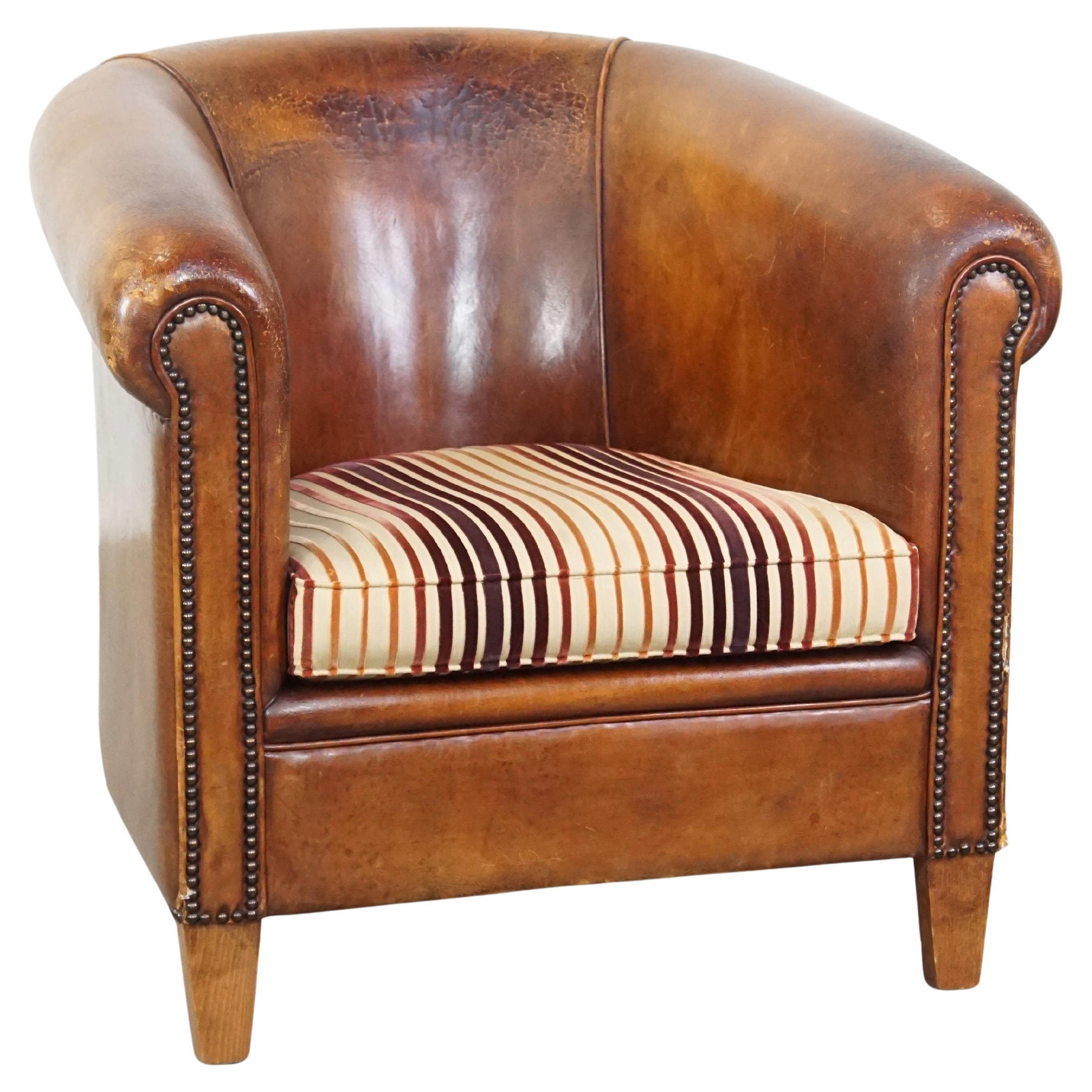Characterful Vintage Cognac-Colored Club Chair Made of Sheepskin Leather