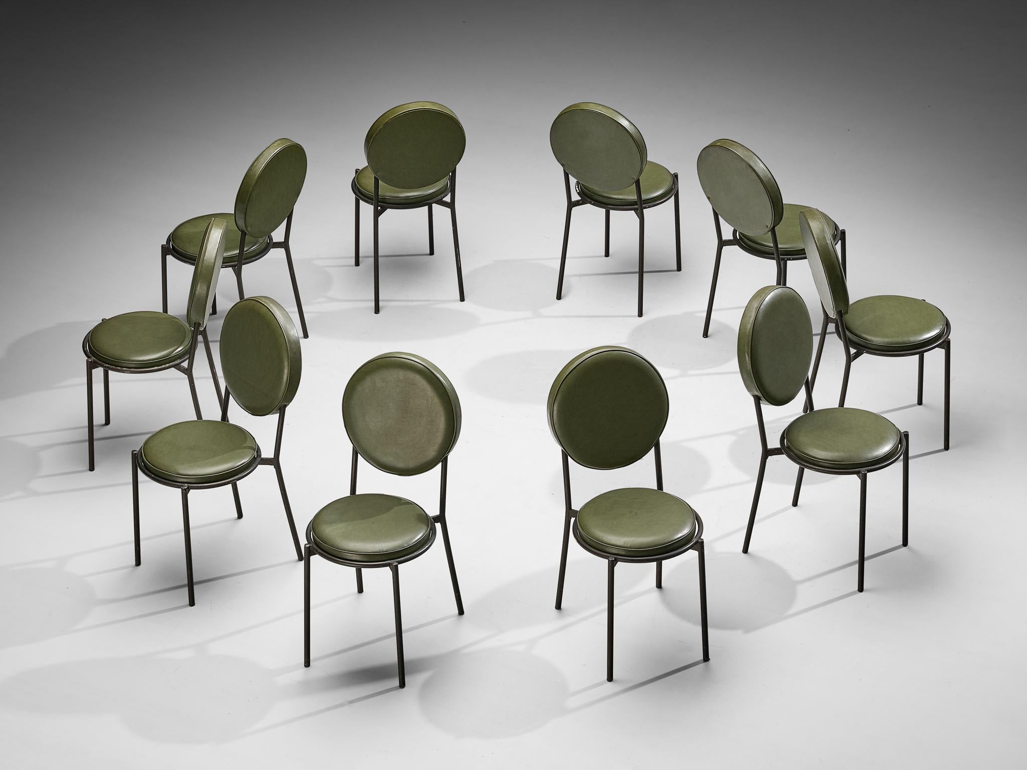 Characteristic Italian Set of Ten Dining Chairs in Olive Green Leather  For Sale 1