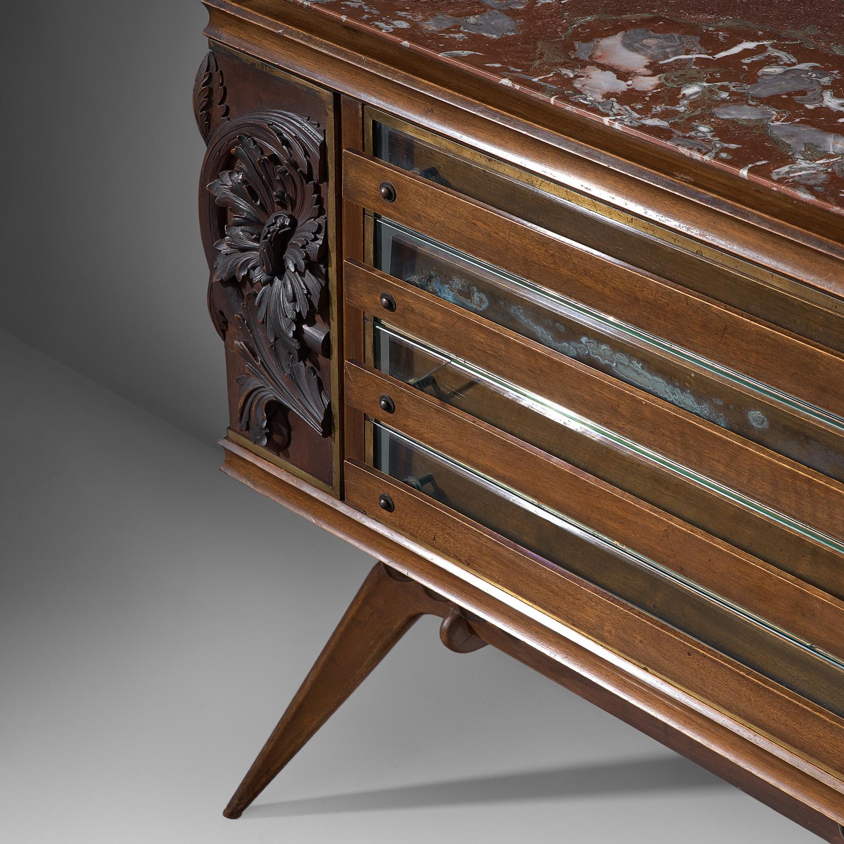 Mid-20th Century Characteristic Italian Sideboard in Walnut with Brass and Marble
