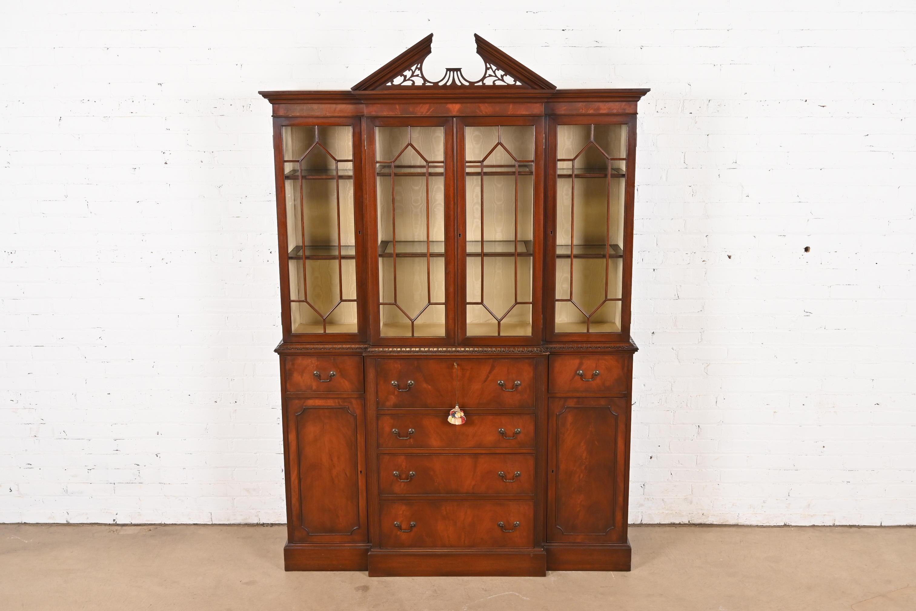 American Charak Furniture Georgian Carved Flame Mahogany Lighted Breakfront Bookcase