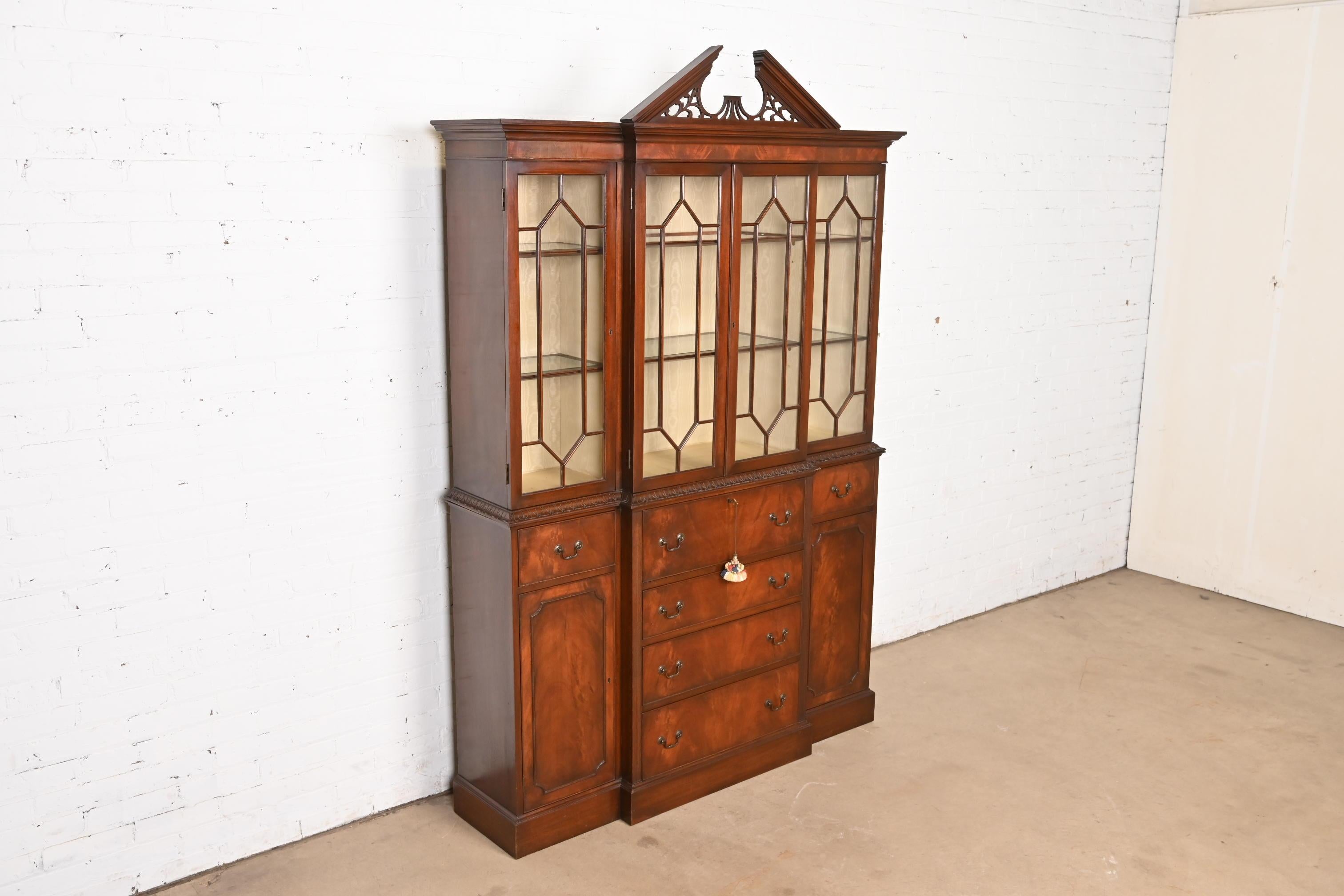 Mid-20th Century Charak Furniture Georgian Carved Flame Mahogany Lighted Breakfront Bookcase