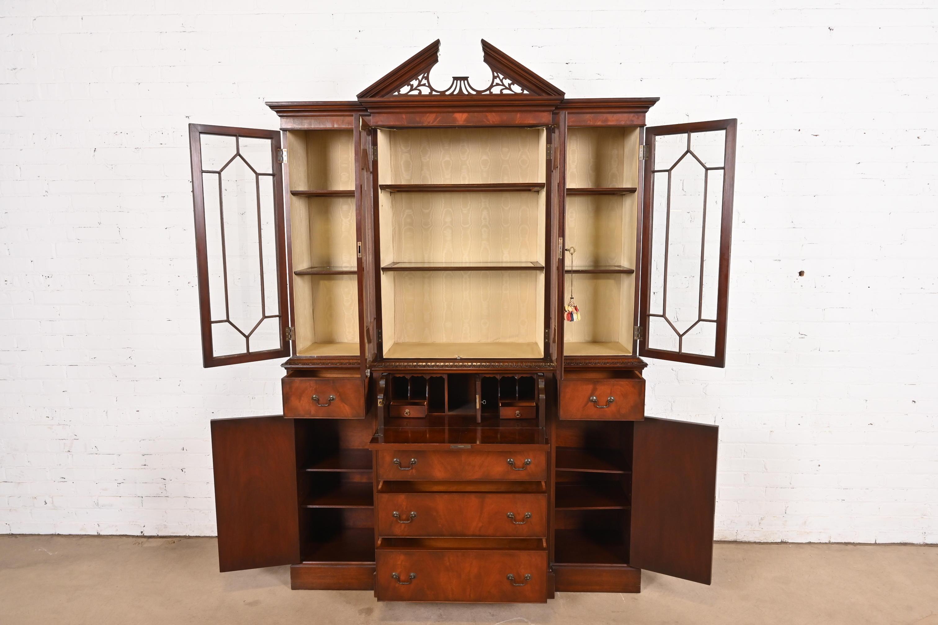 Brass Charak Furniture Georgian Carved Flame Mahogany Lighted Breakfront Bookcase