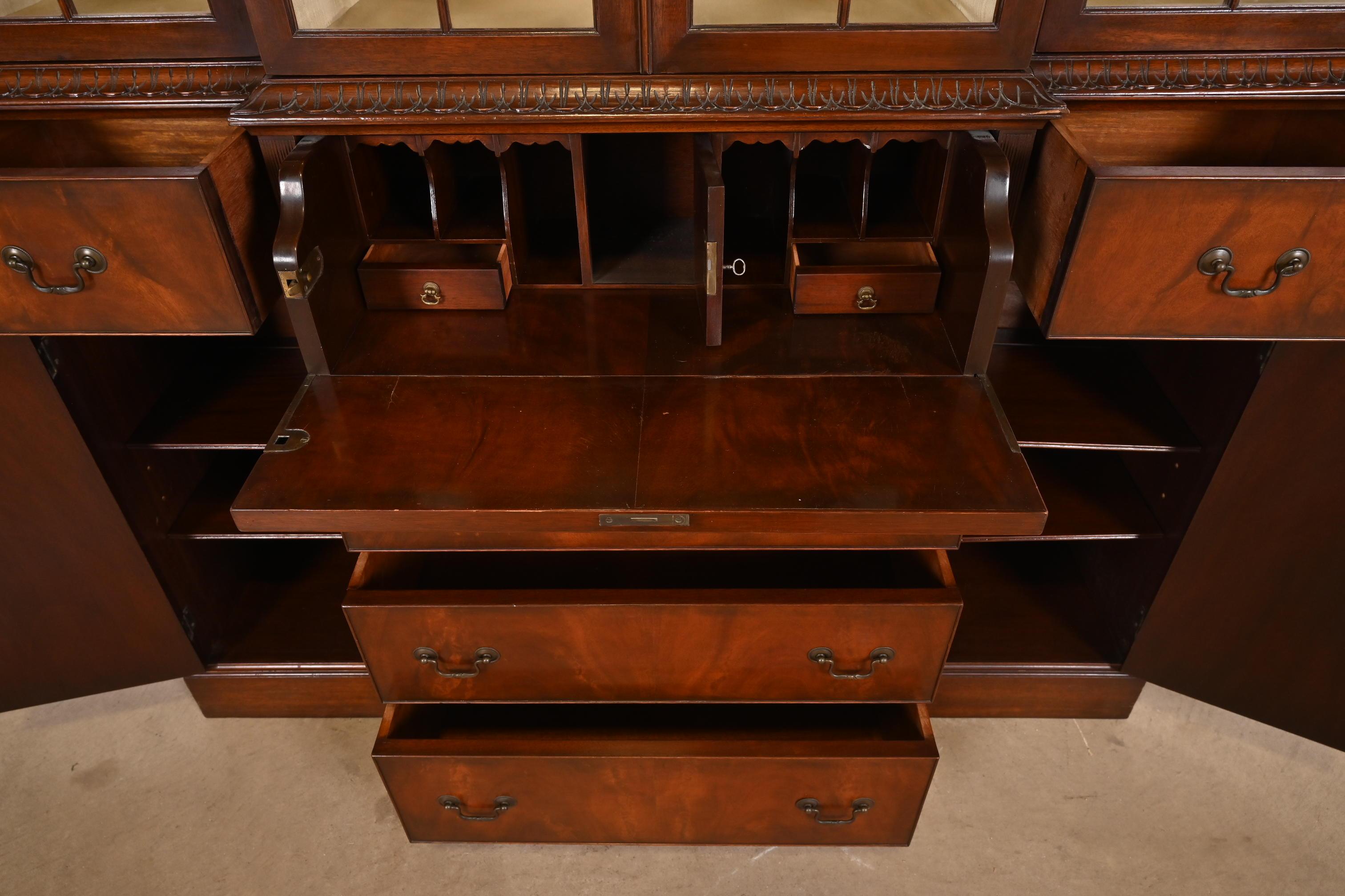 Charak Furniture Georgian Carved Flame Mahogany Lighted Breakfront Bookcase 1