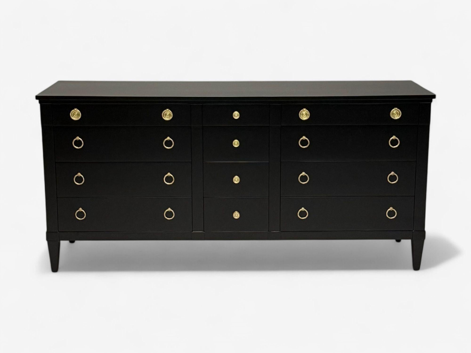 Charak, Hollywood Regency Style, Dresser, Black Painted Wood, Brass, USA, 1962

A fully restored Directoire style cabinet designed and produced by Charak Furniture Co. in 1962. The piece has been refinished in a satin ebony color, with brass drawer