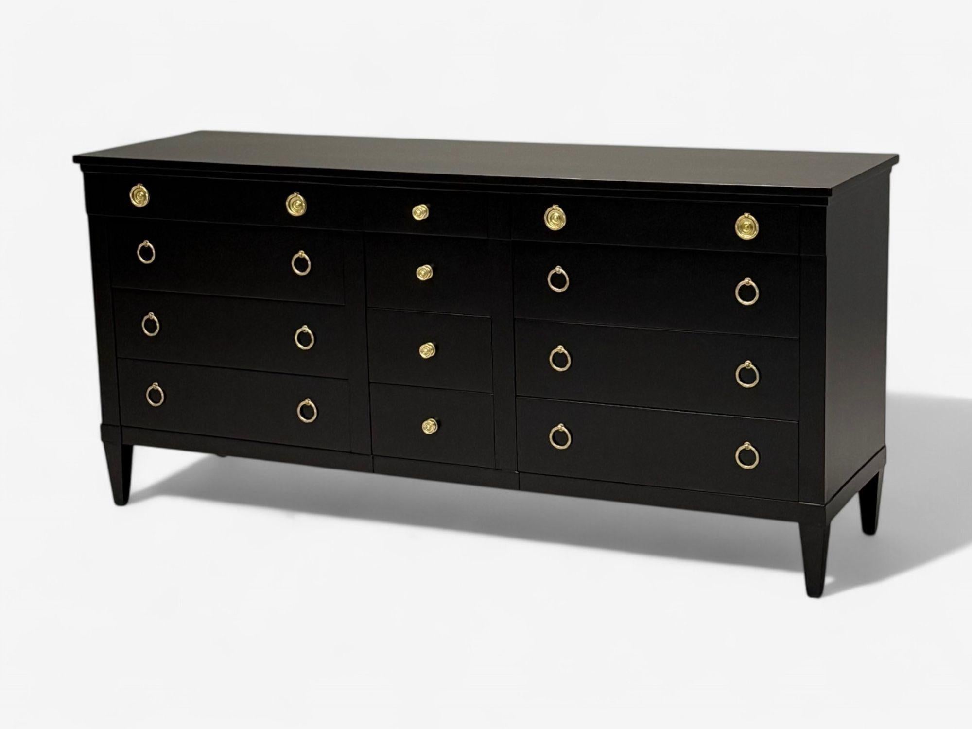 Mid-Century Modern Charak, Hollywood Regency Style, Dresser, Black Painted Wood, Brass, USA, 1962 For Sale
