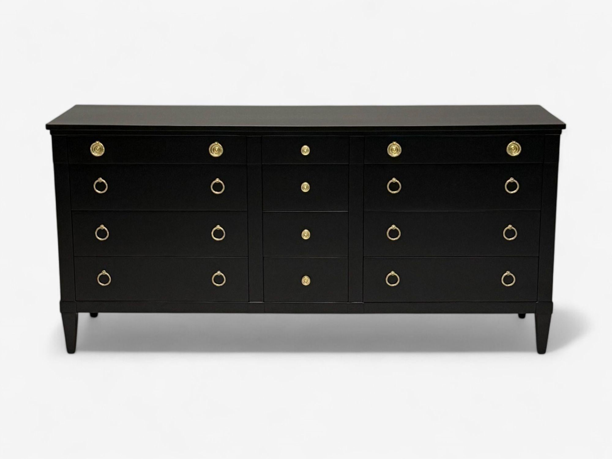 American Charak, Hollywood Regency Style, Dresser, Black Painted Wood, Brass, USA, 1962 For Sale