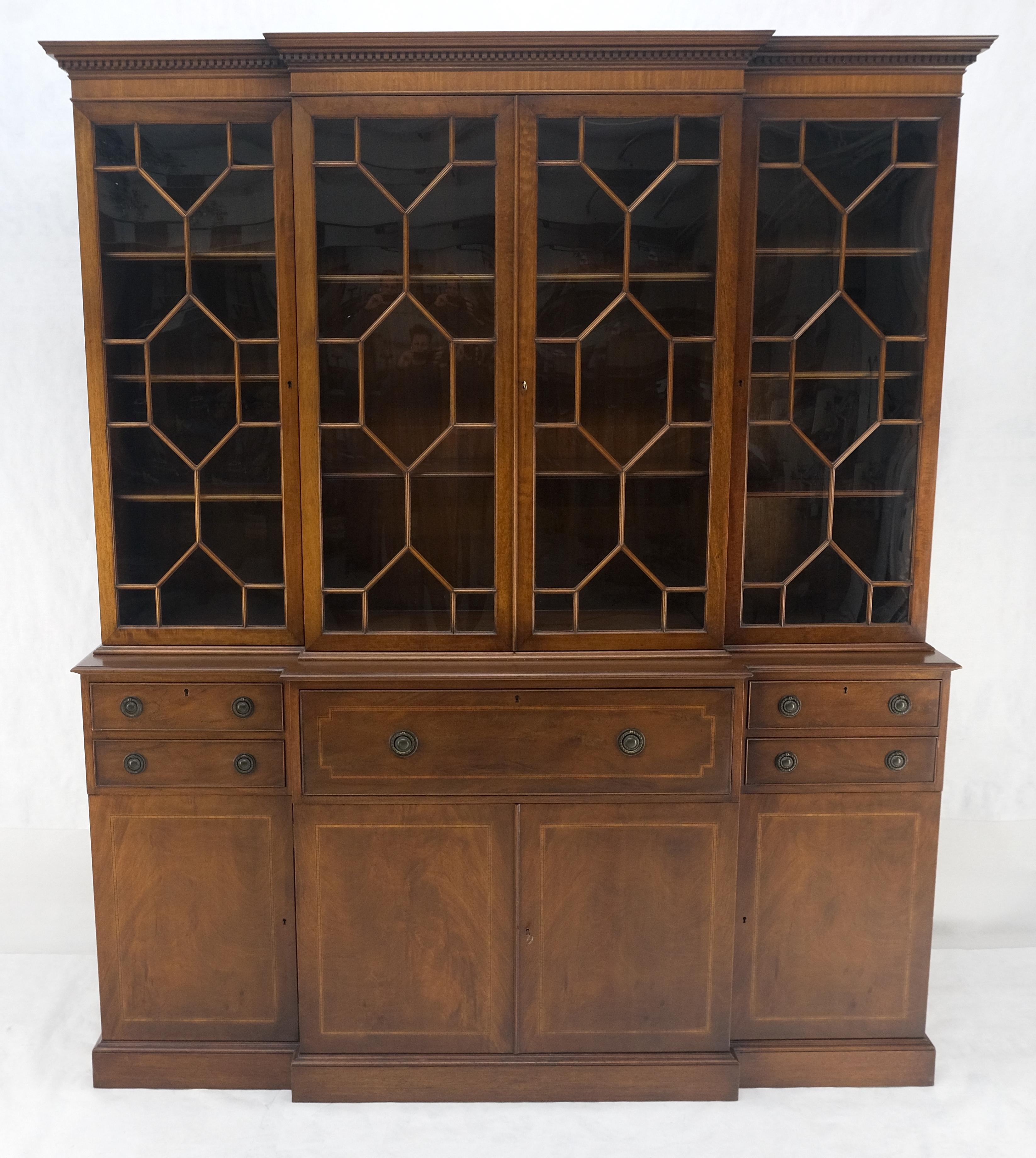 Federal Charak Mahogany Inlaid Individual Bubble Glass Butlers Desk Breakfront Cupboard For Sale