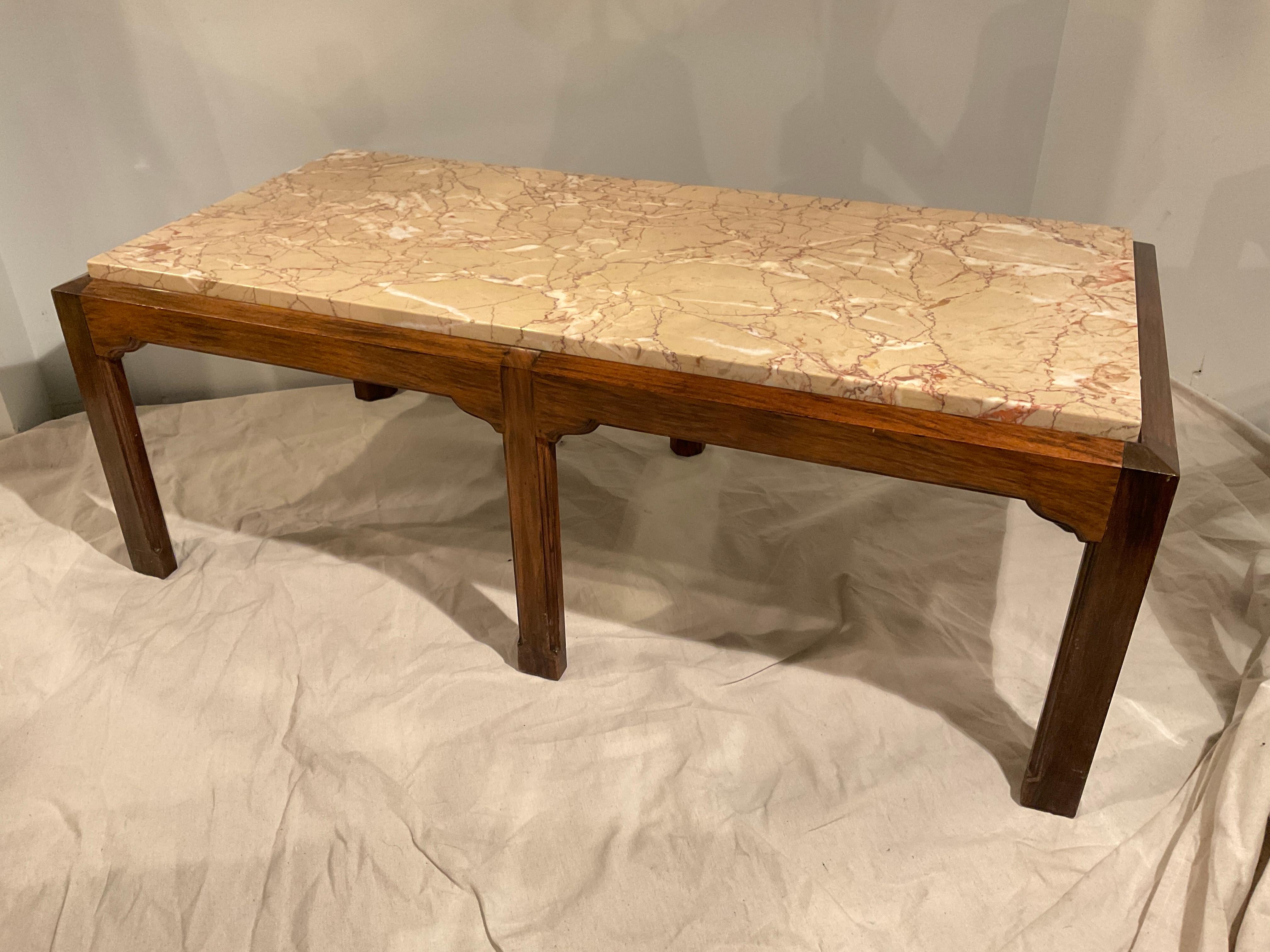 Charak Marble Top Coffee Table On Wood Base In Good Condition For Sale In Tarrytown, NY