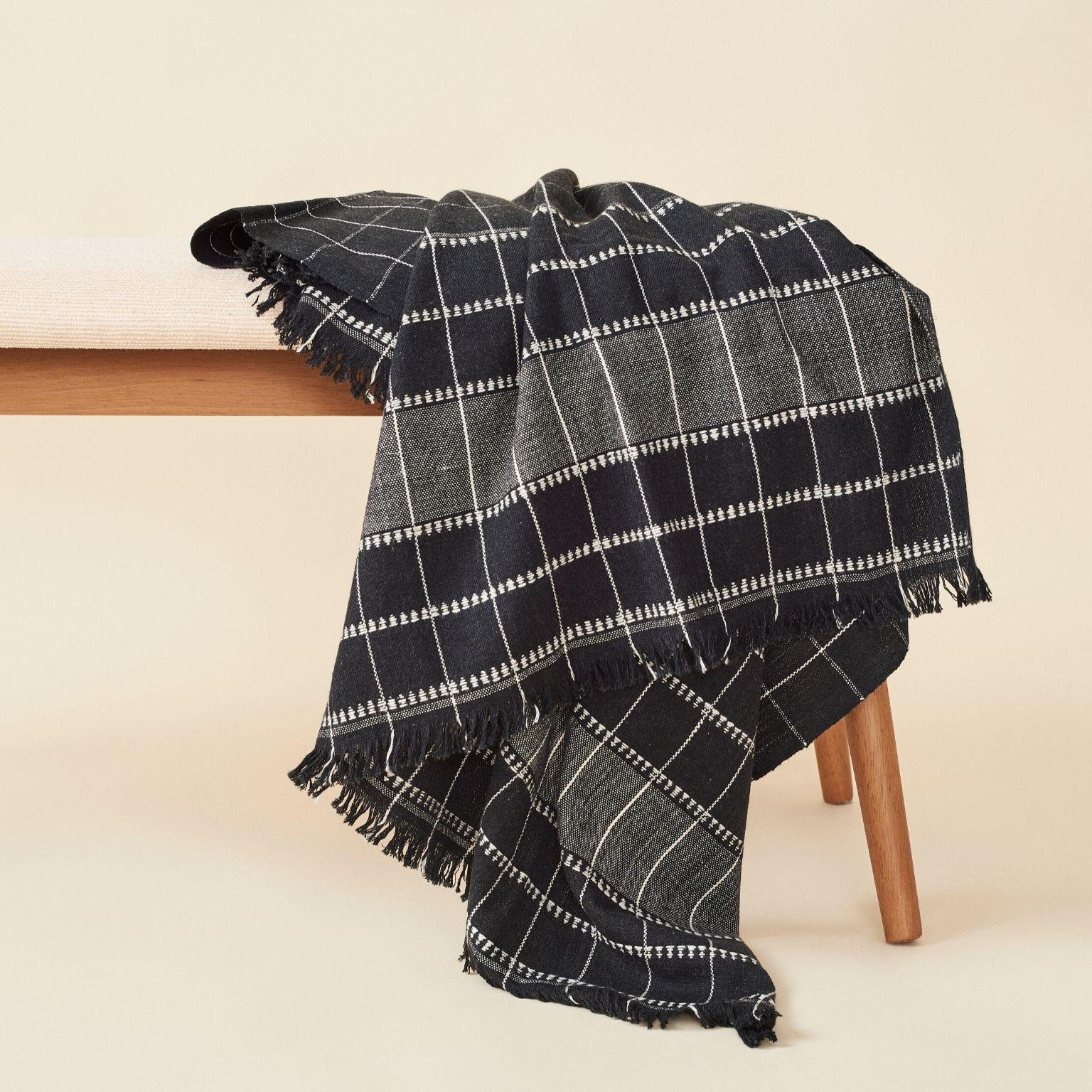 Contemporary Charco  Handloom Throw / Blanket , Charcoal Black Organic Cotton Checks Pattern  For Sale