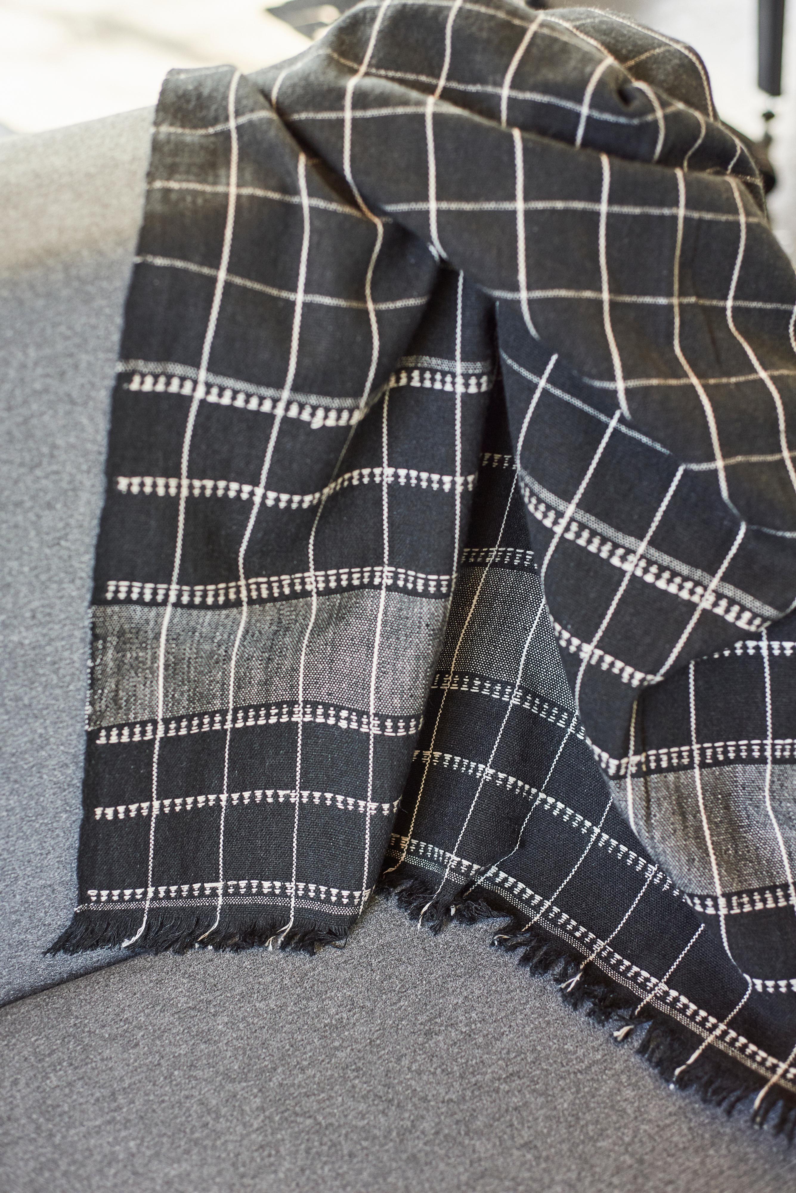 Nepalese Charco  Handloom Throw / Blanket , Charcoal Black Organic Cotton Checks Pattern  For Sale