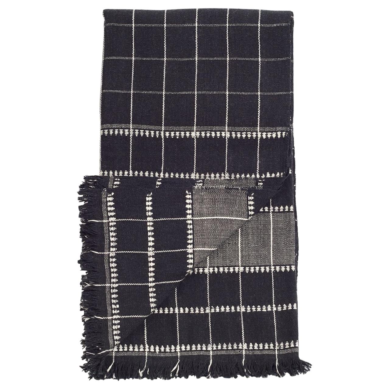 Charco  Handloom Throw / Blanket , Charcoal Black Organic Cotton Checks Pattern 