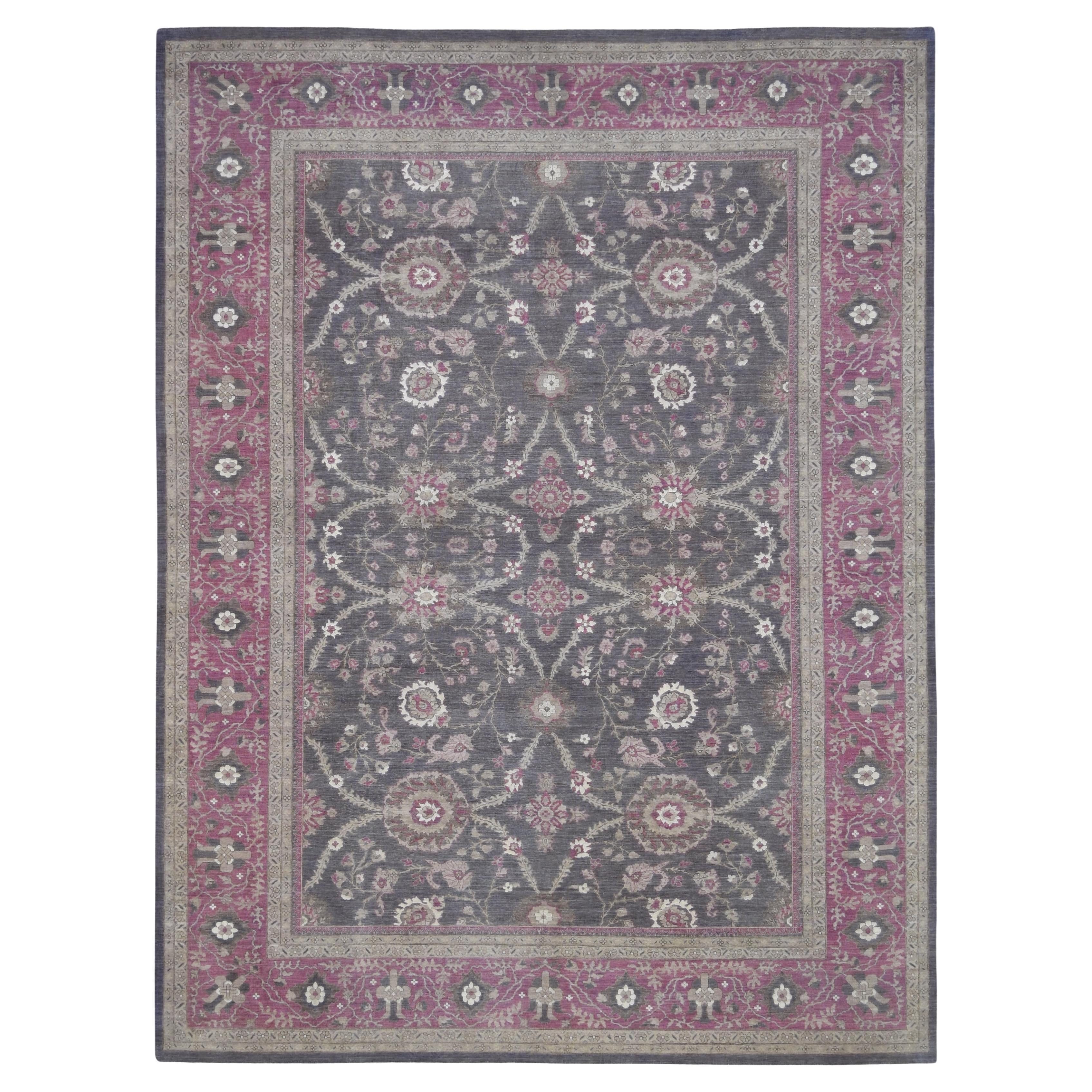 Holzkohle und staubige Himbeere Sultanabad Floral Wollteppich - 8'10" x 12' im Angebot