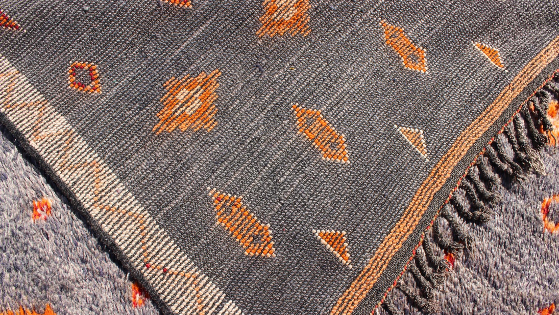 Charcoal and Orange Vintage Moroccan Rug with Geometric Design 4