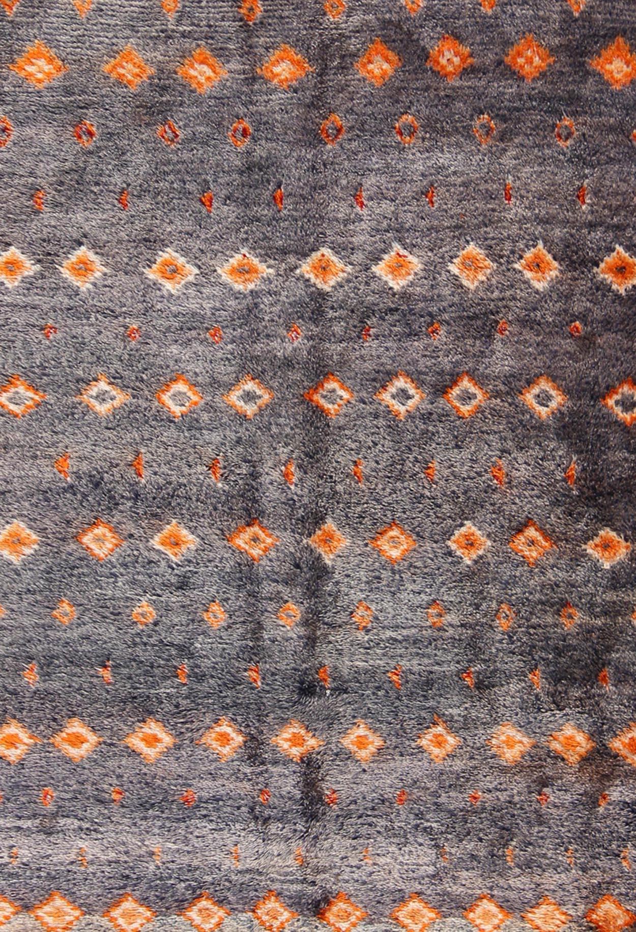 Tribal Charcoal and Orange Vintage Moroccan Rug with Geometric Design