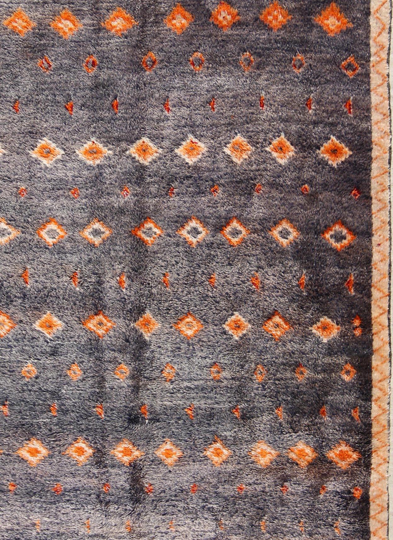 Hand-Knotted Charcoal and Orange Vintage Moroccan Rug with Geometric Design