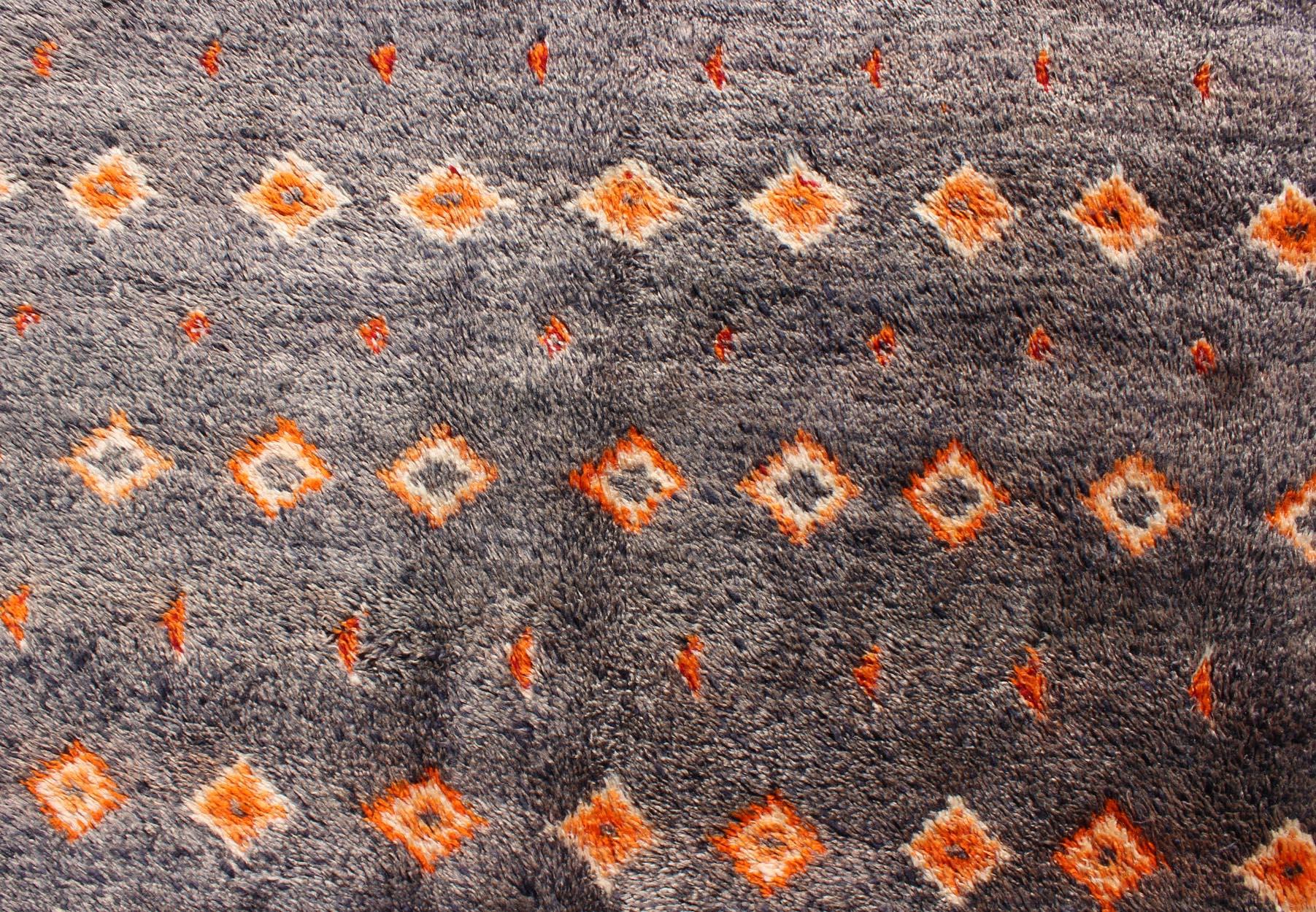 Charcoal and Orange Vintage Moroccan Rug with Geometric Design 2