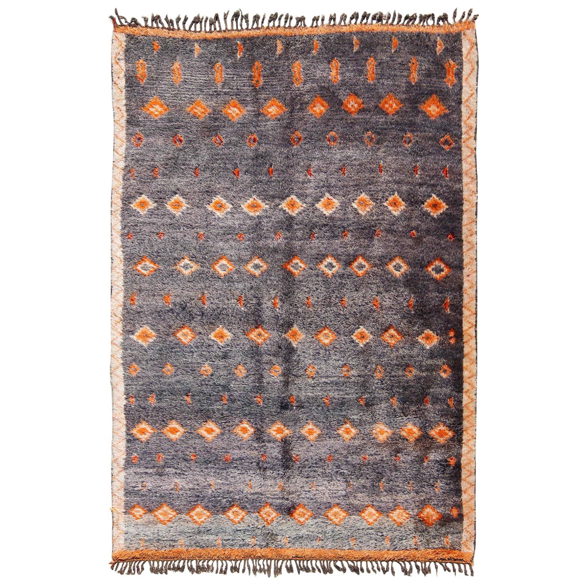 Charcoal and Orange Vintage Moroccan Rug with Geometric Design