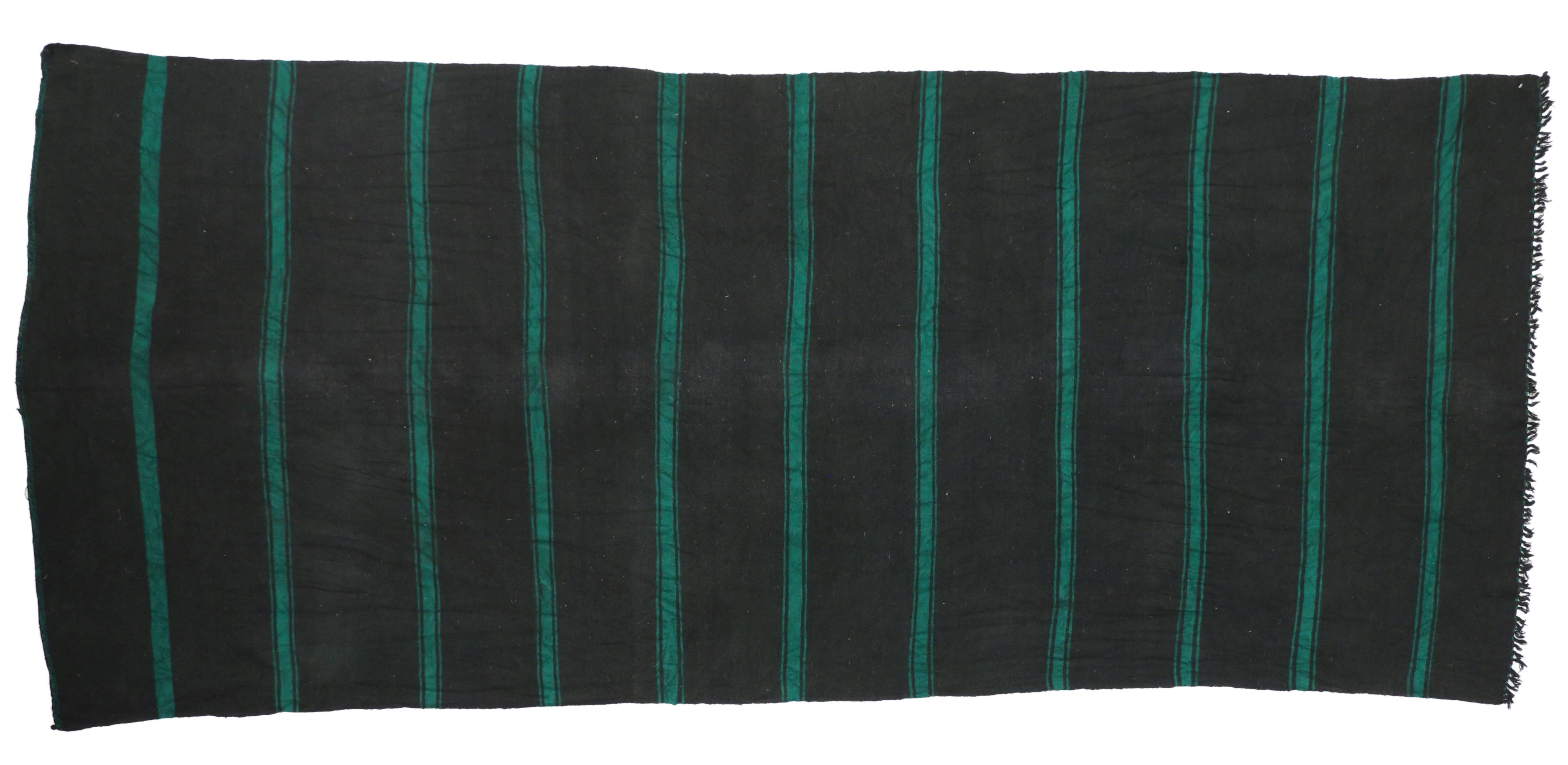 Charcoal and Teal Vintage Berber Moroccan Kilim with Stripes and Modern Style In Good Condition In Dallas, TX