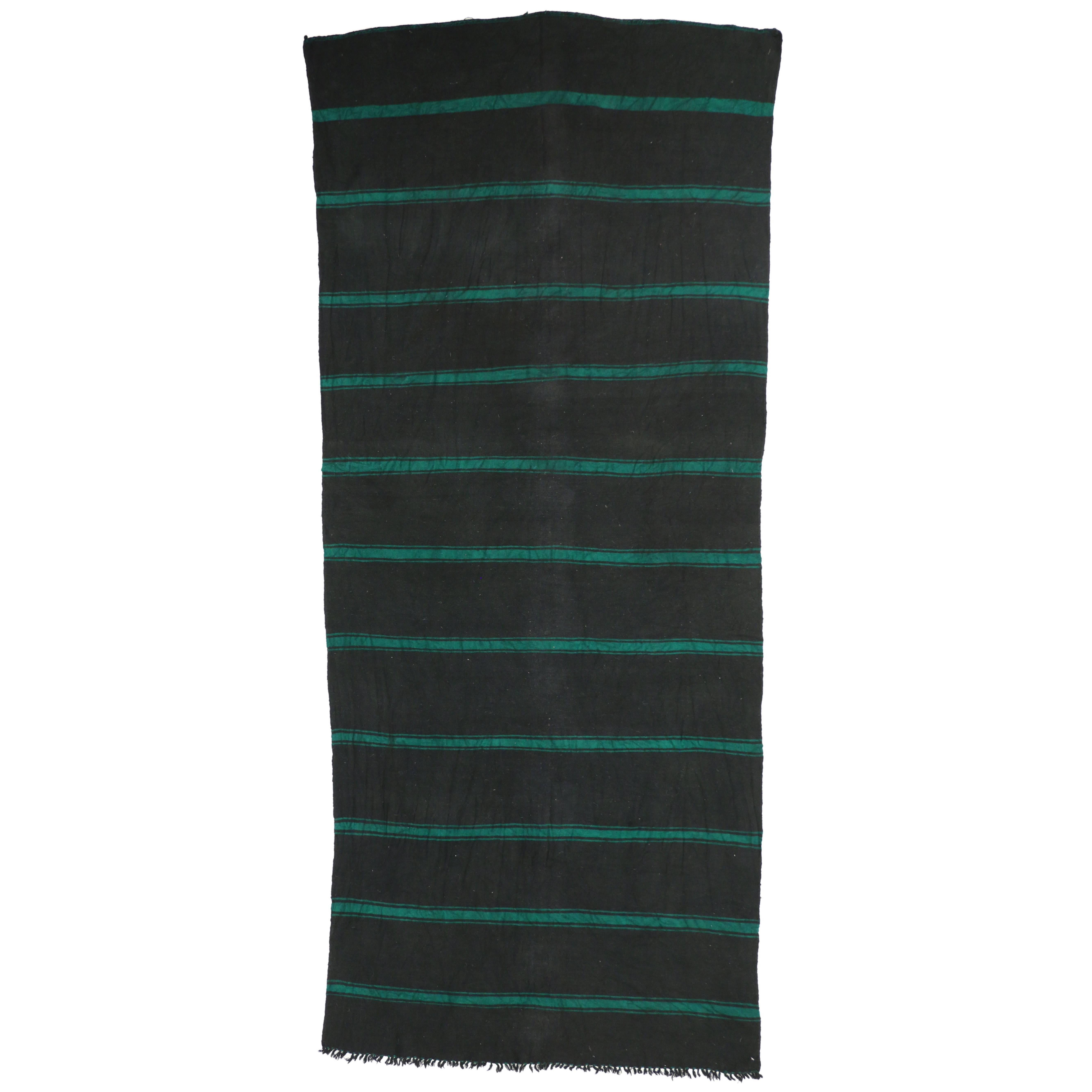 Charcoal and Teal Vintage Berber Moroccan Kilim with Stripes and Modern Style